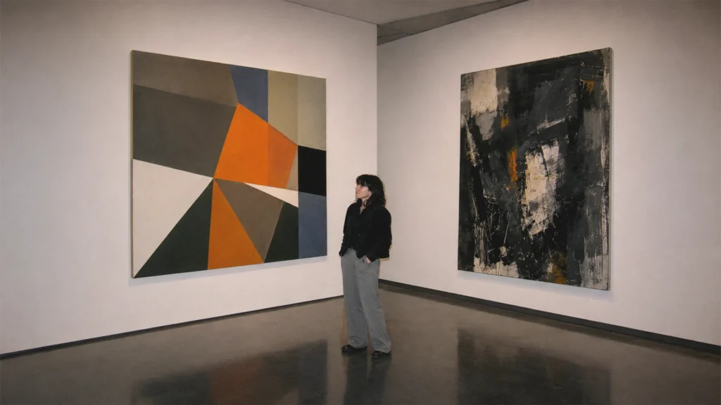 Besucher zwischen zwei kontrastierenden figurativen Gemälden in einer Wiener Galerie.