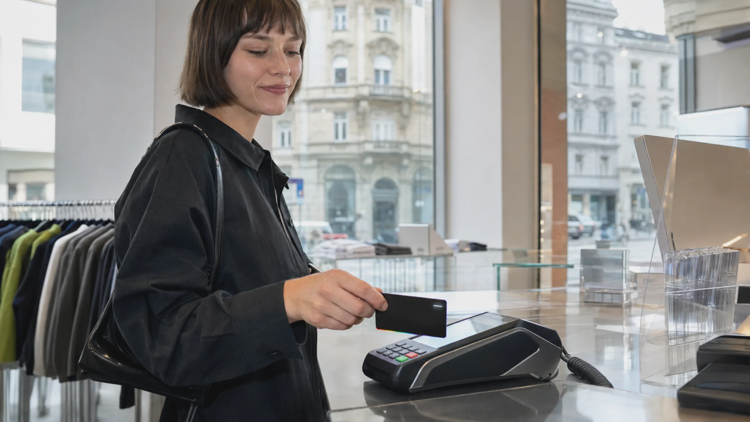 Une carte bancaire avec une LED s'illumine lors d'un paiement sans contact dans un magasin moderne à Vienne.