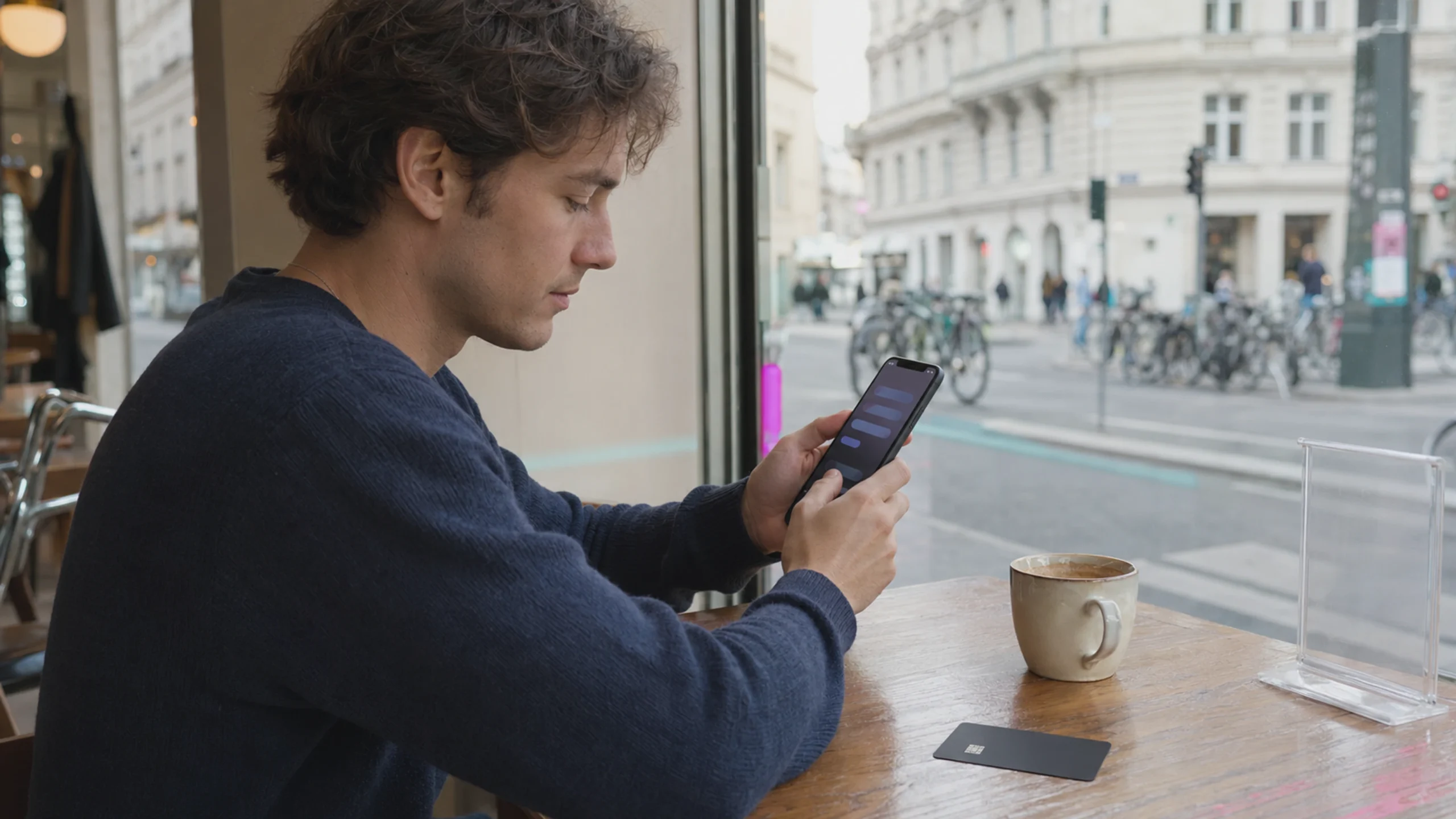 Une personne effectue des paiements sur un smartphone à côté d'une carte de débit noire dans un café viennois.