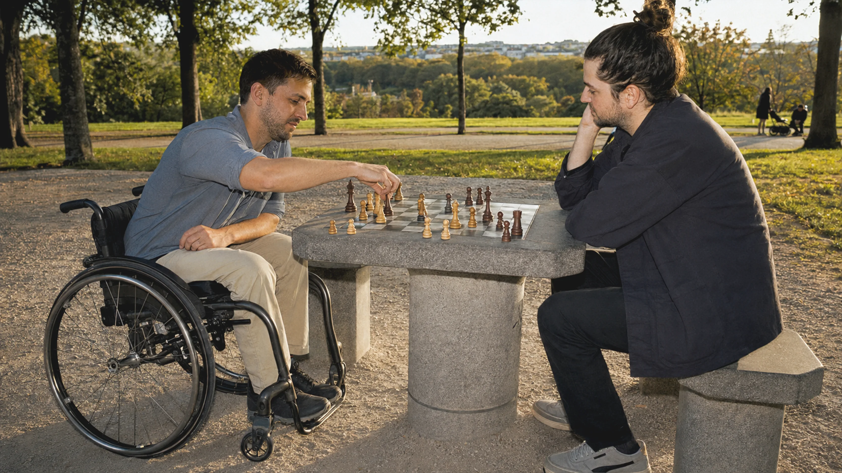 Ein Rollstuhlnutzer spielt im Wiener Augarten Schach mit einer vertrauten Person.