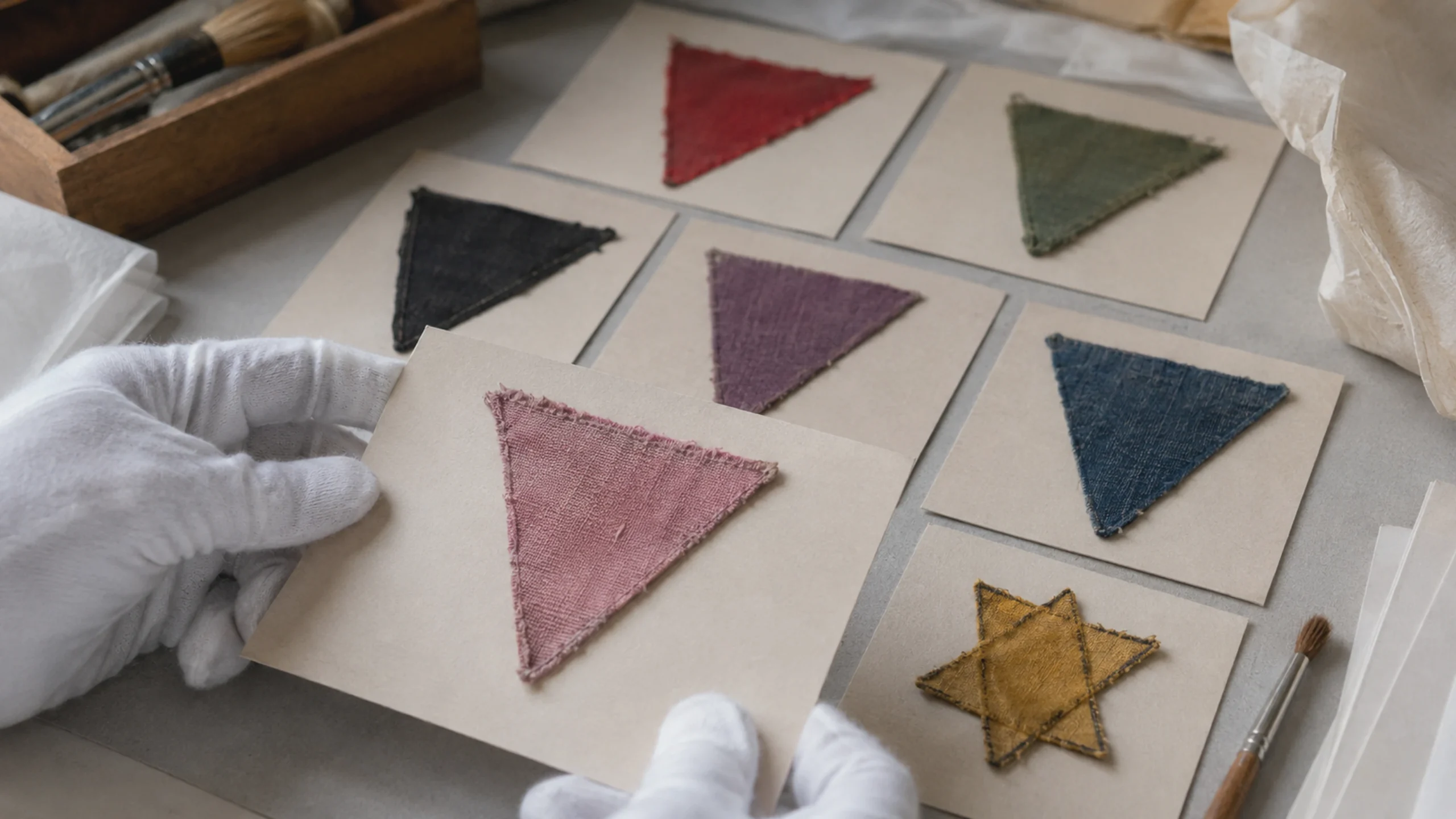 Présentation d'archives de diverses épines en tissu pour les détenus portant un triangle rose et d'autres prisonniers.