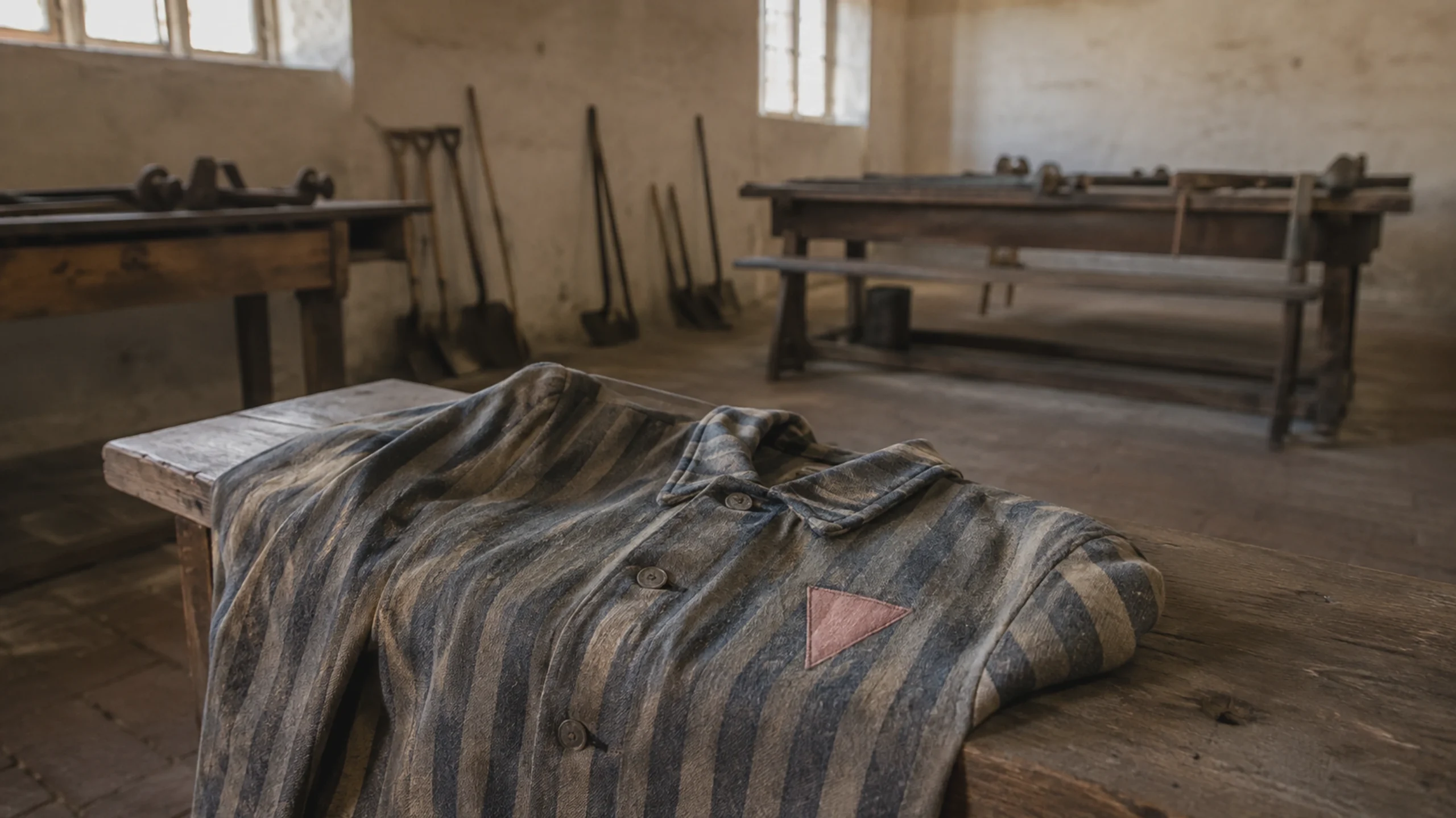 Représentation, historiquement sensible, de vêtements portant un triangle rose dans un lieu de travail forcé.