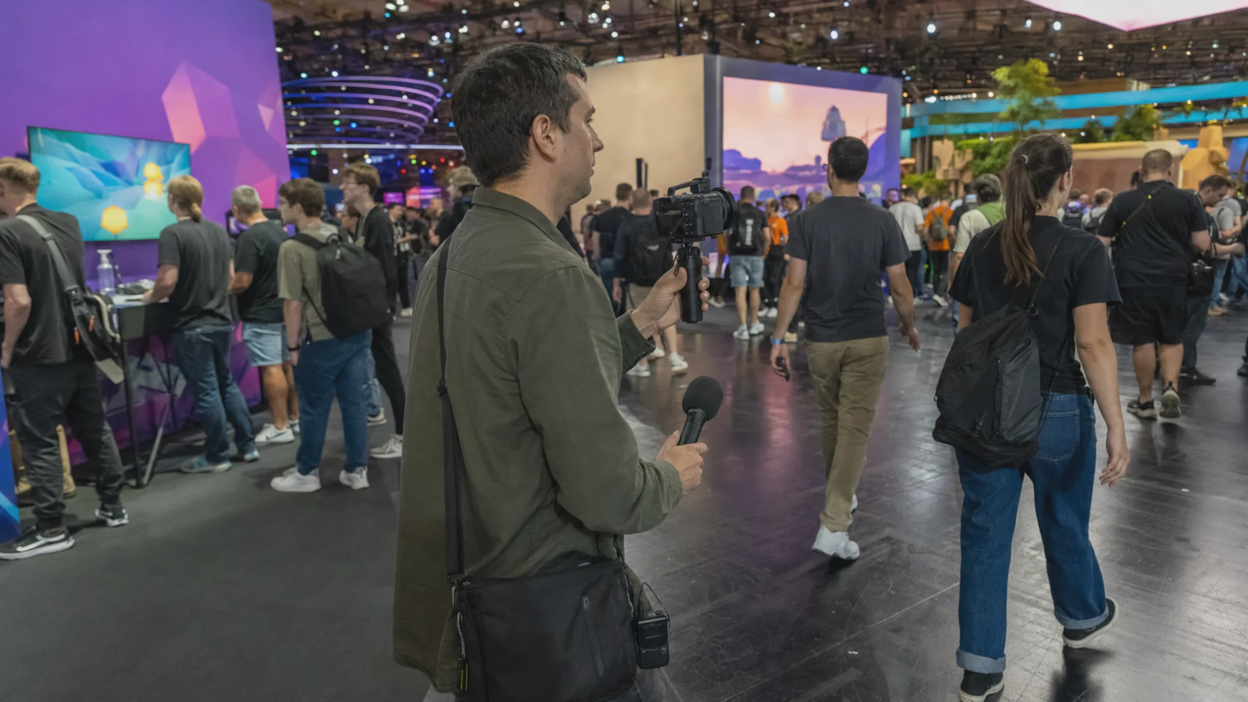 Un reporter filme des jeux pour HandOfBlood à Gamescom depuis Spandau, dans un hall de salon bondé à Cologne.