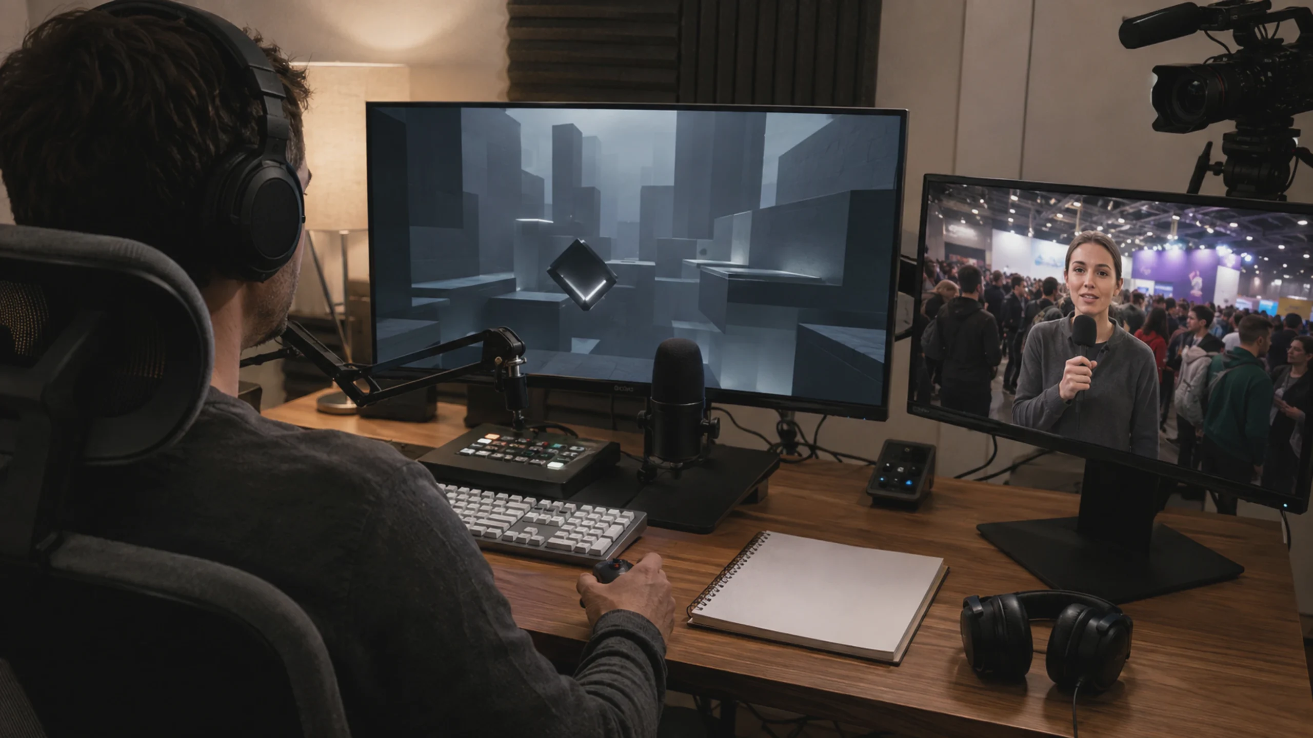 Un créateur analyse des jeux dans le studio, tandis que des images en direct de Gamescom sont affichées sur un deuxième écran.