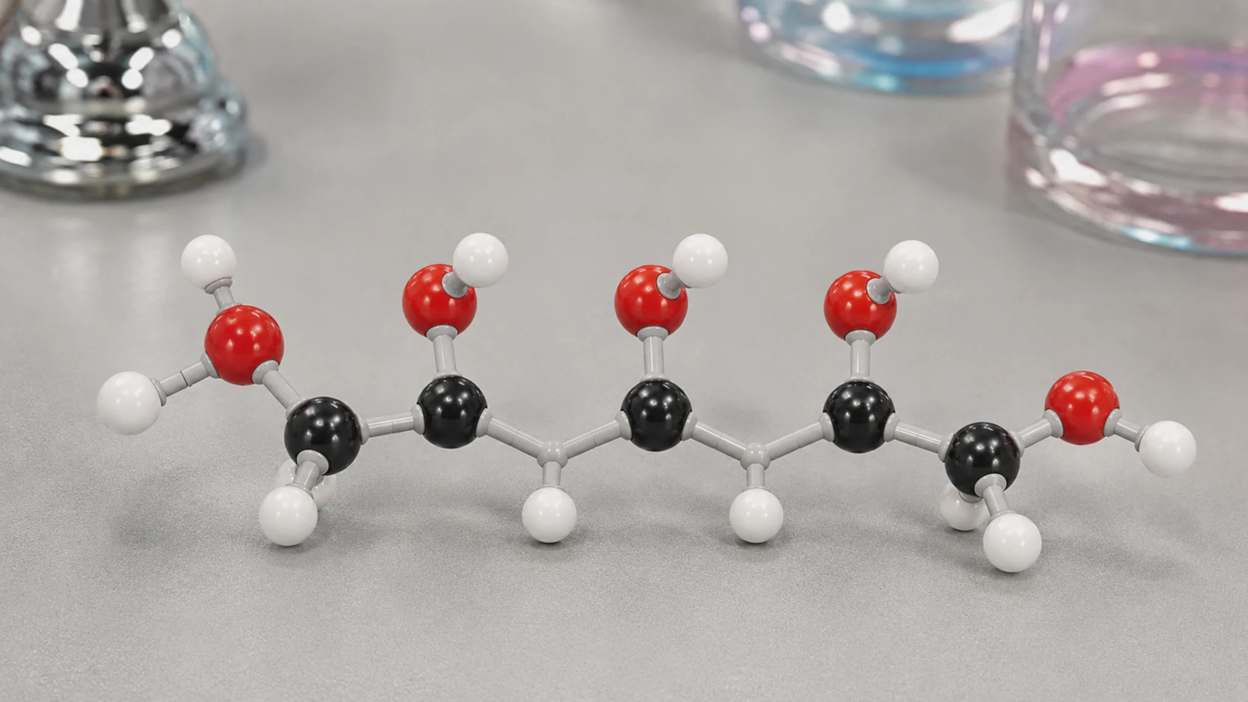 Modèle de molécule de xylitol, servant de contexte scientifique pour la recherche sur le risque cardiovasculaire du xylitol.