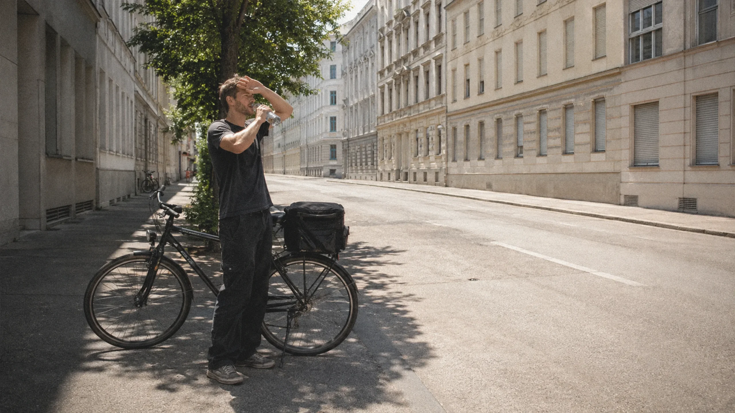 Image : Un livreur à vélo par temps chaud, un jour d'été, dans une rue densément construite de Vienne.