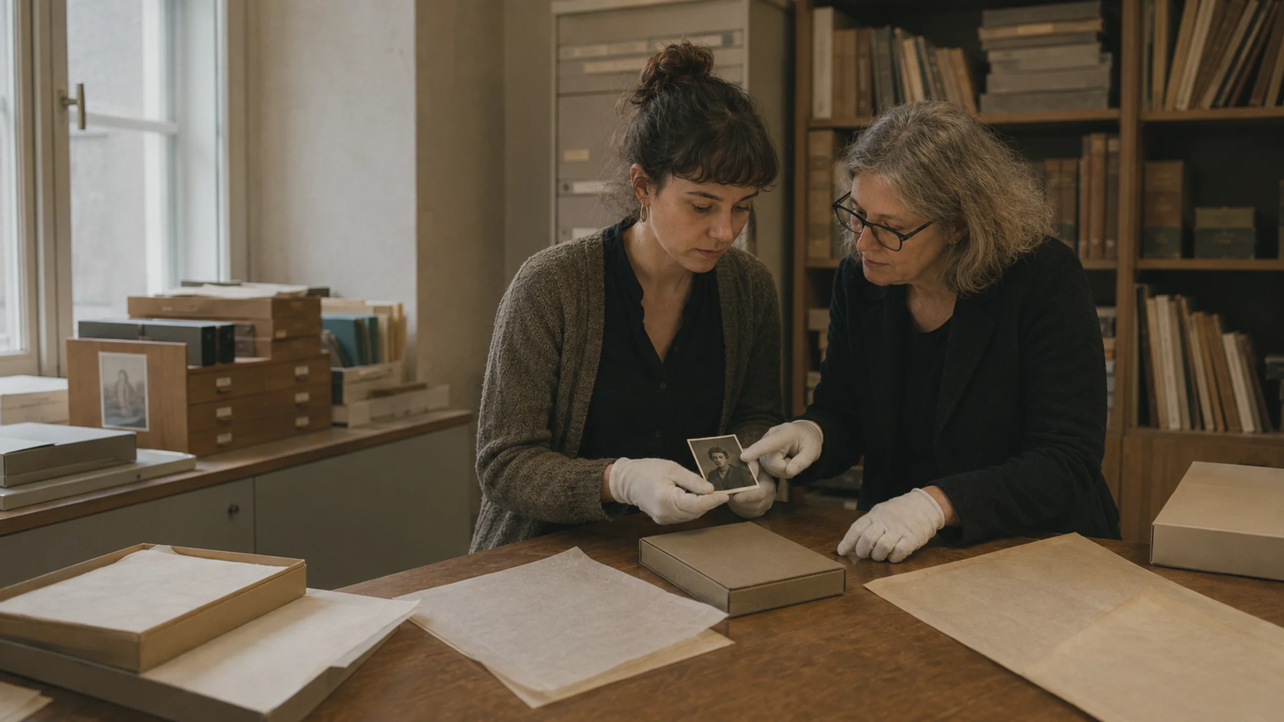 Lesbische Frauen im Nationalsozialismus werden durch eine historische Fotografie in einem Archiv thematisiert.