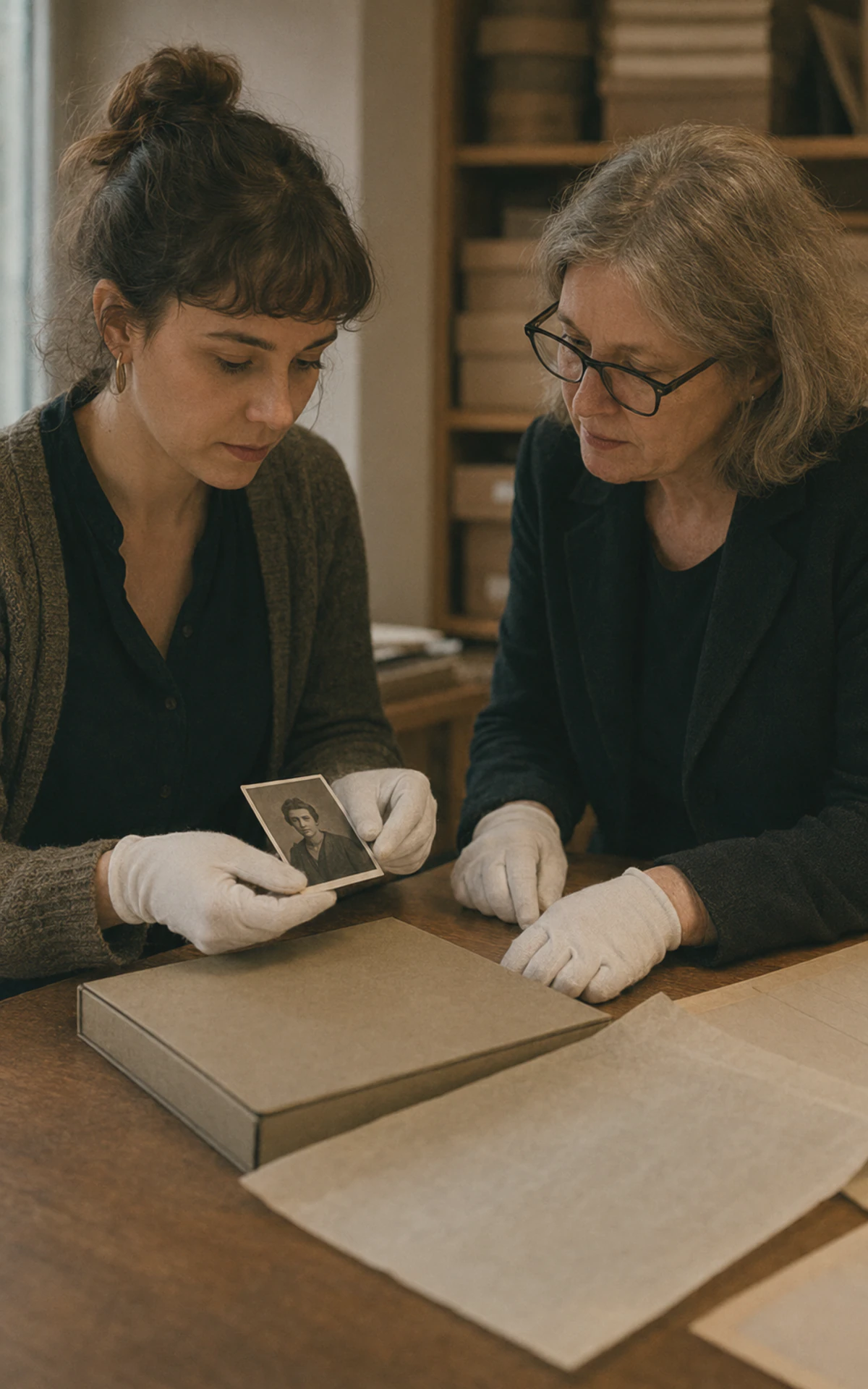 Lesbische Frauen im Nationalsozialismus werden durch eine historische Fotografie in einem Archiv thematisiert.