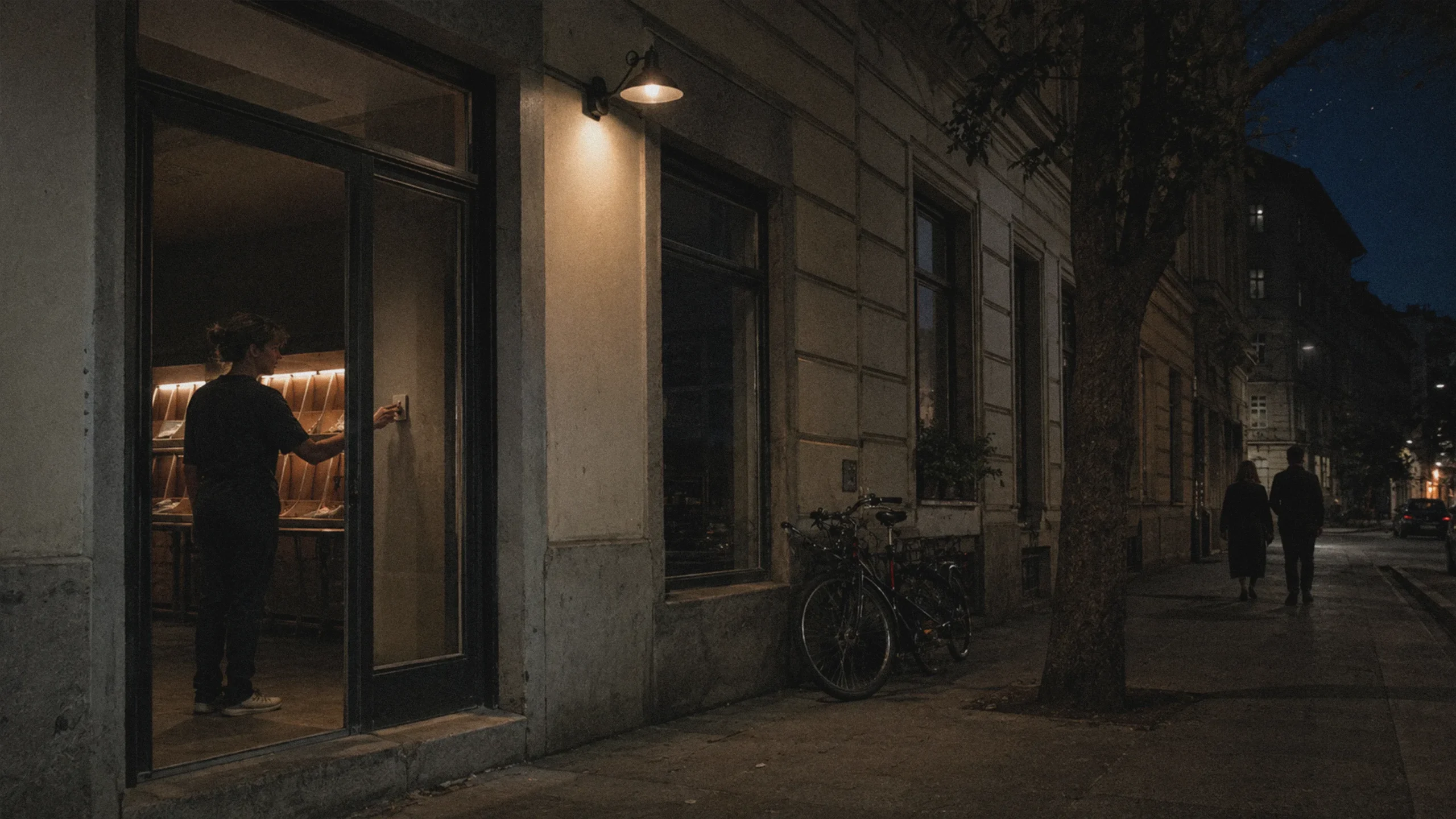 Junger Mann geht nachts unter abgeschirmten Straßenleuchten durch eine ruhige Wiener Straße