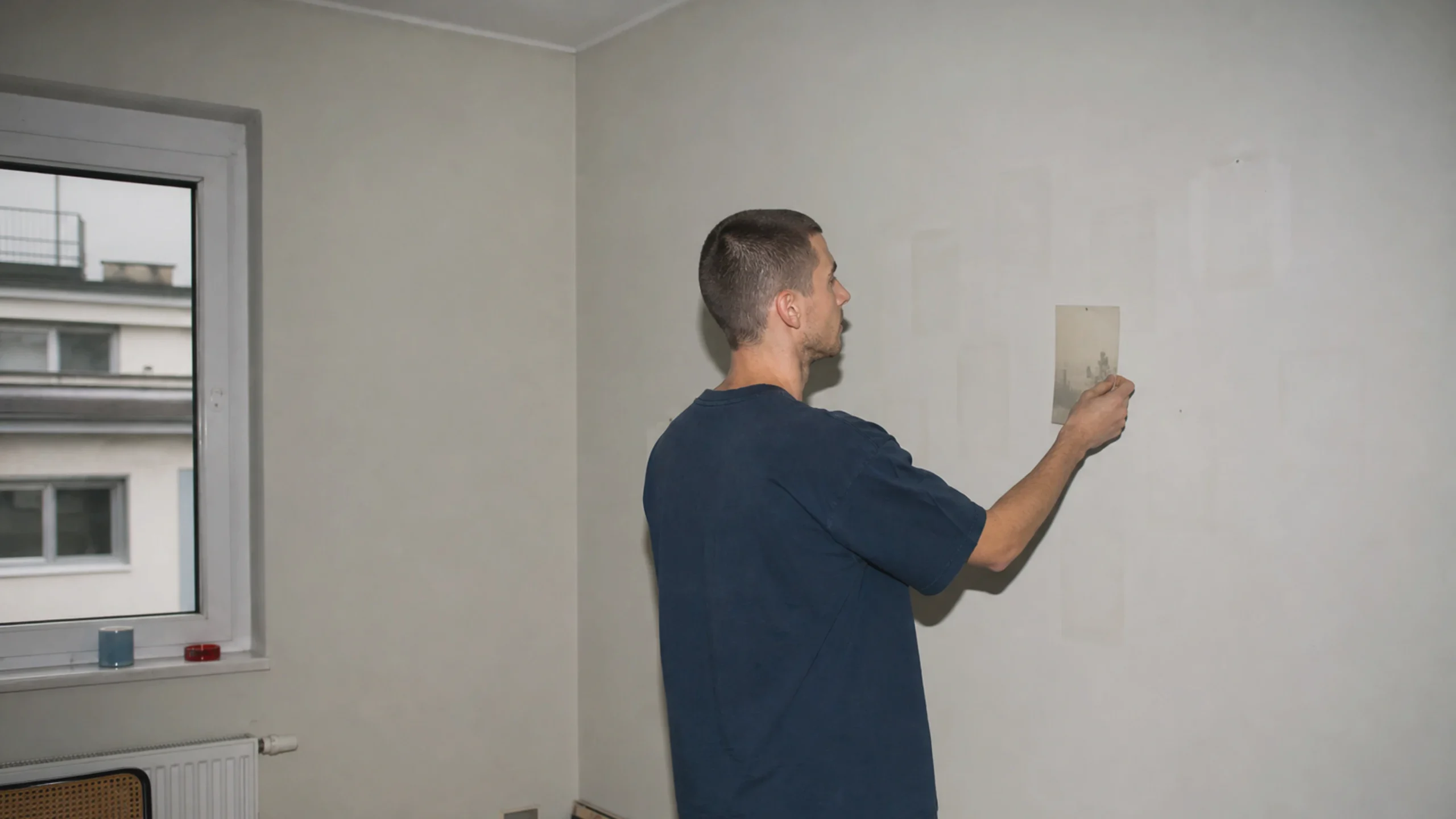 Junger Mensch nimmt in einer Wiener Wohnung das letzte Foto von einer leeren Wand