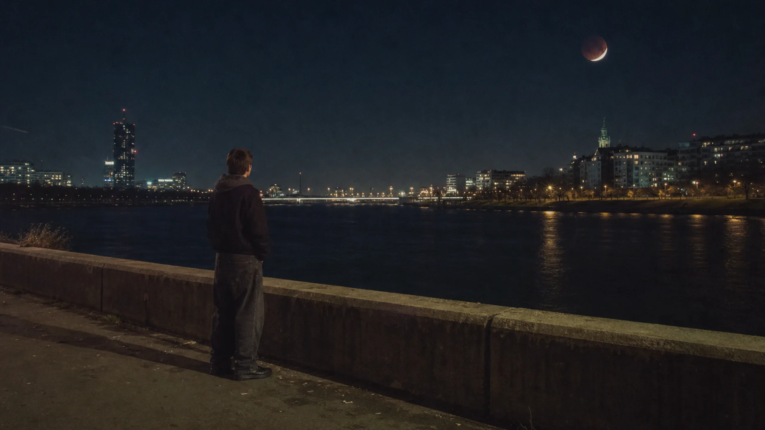 Junger Mensch beobachtet die Mondfinsternis in den Fischen an der Donau in Wien