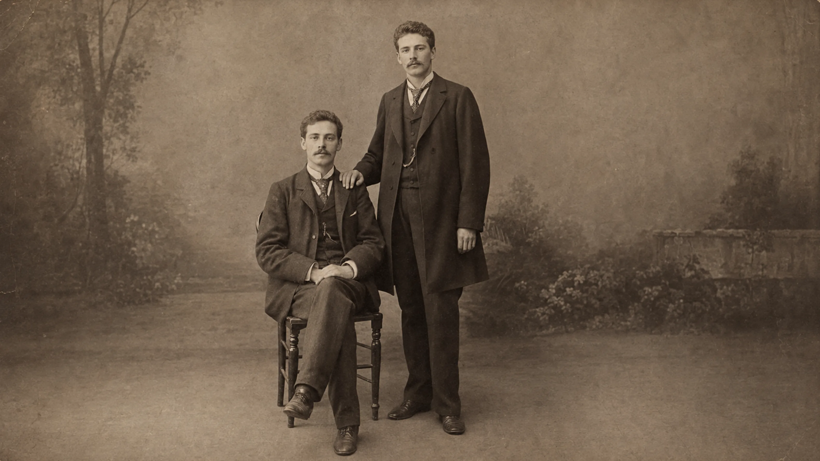 Zwei junge Männer posieren um 1890 eng nebeneinander in einem Wiener Fotostudio.