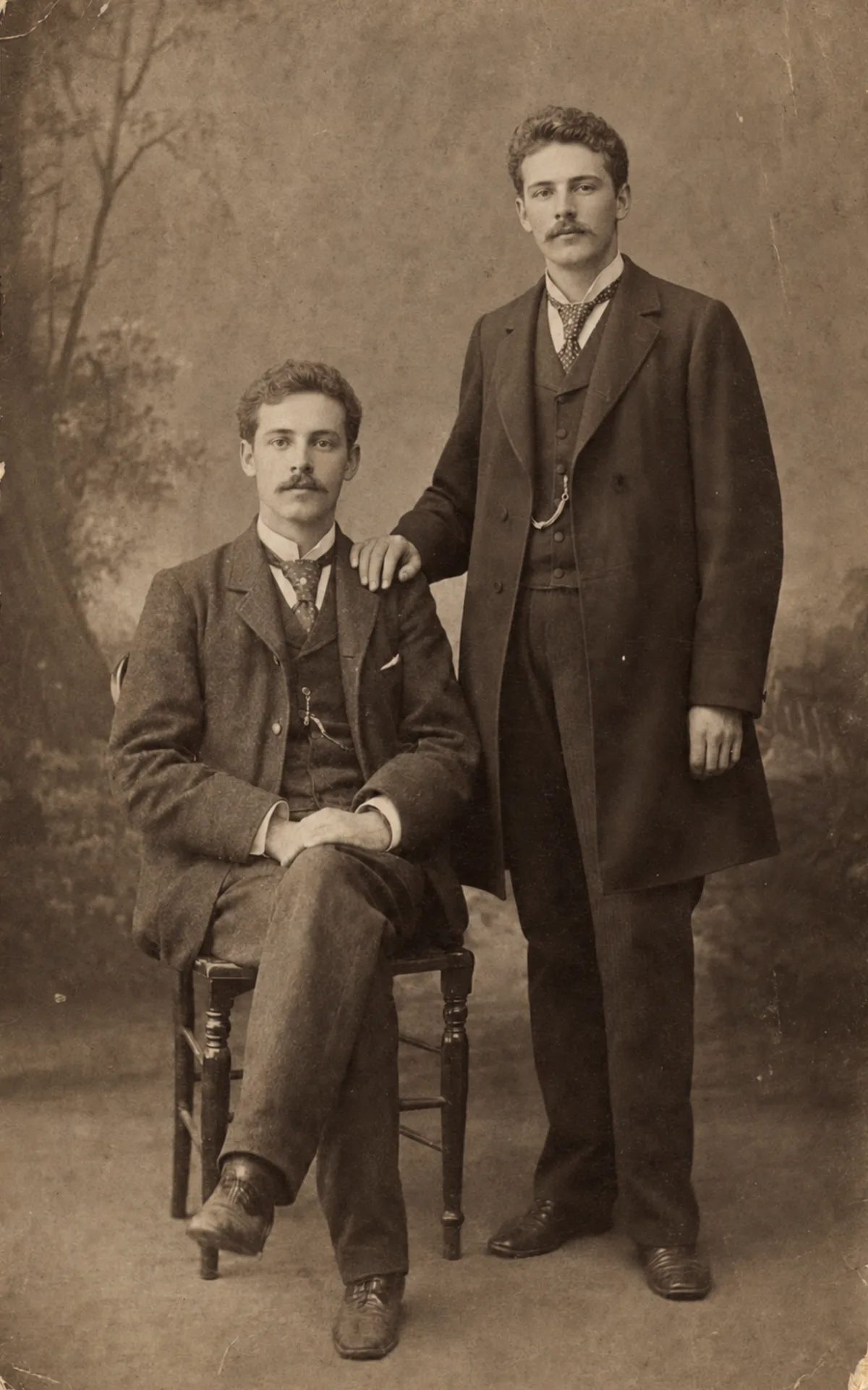 Zwei junge Männer posieren um 1890 eng nebeneinander in einem Wiener Fotostudio.