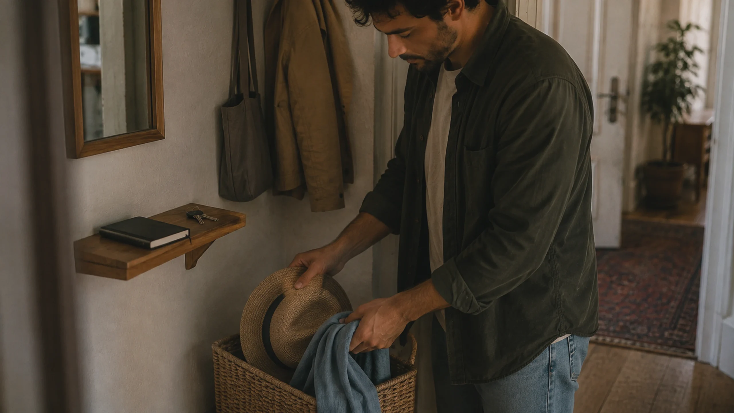 Une jeune personne organise des objets d'été et se prépare pour l'automne.