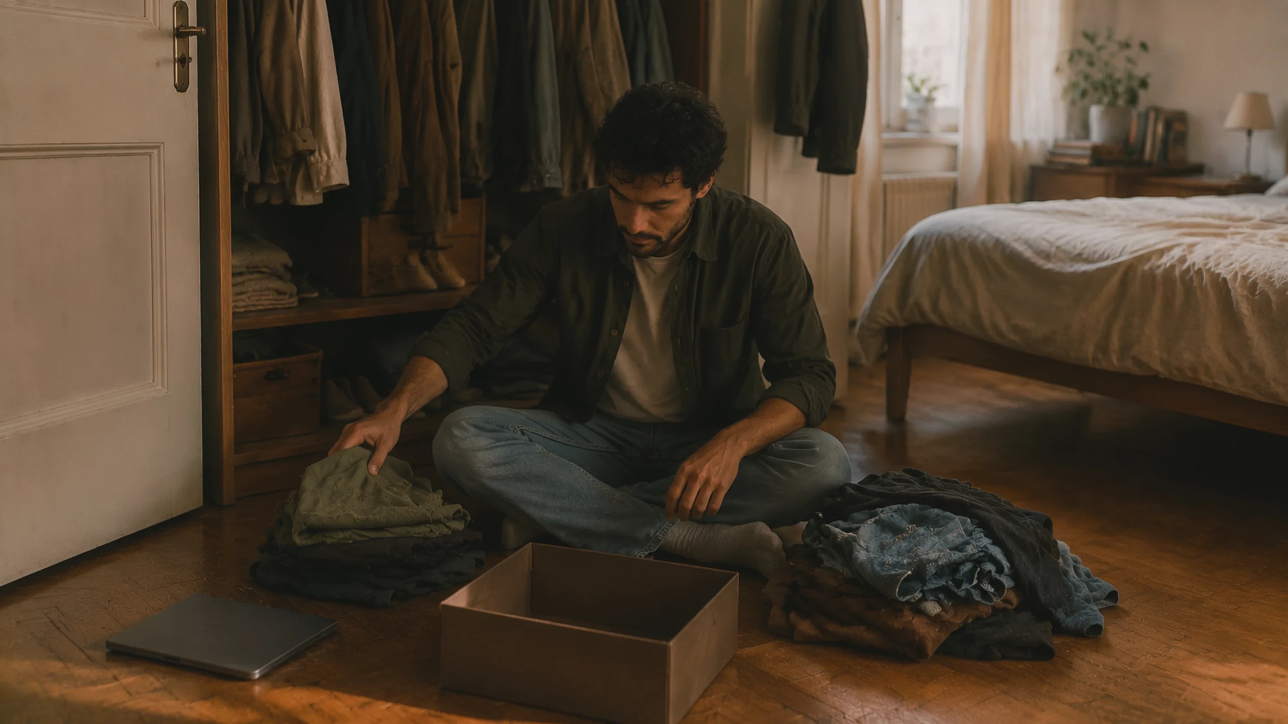 Une jeune personne trie des vêtements et des effets personnels dans un appartement de Vienne.