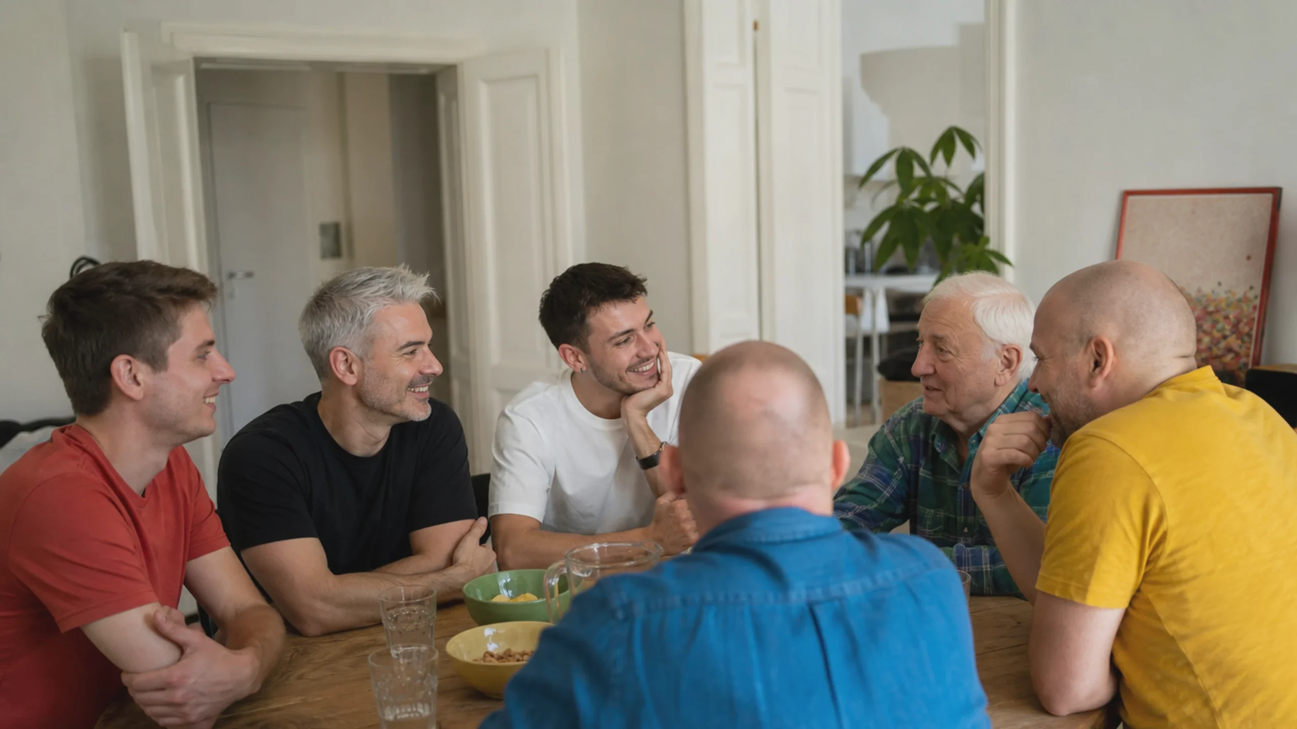 Schwule Männer verschiedener Generationen tauschen Erfahrungen und neue Perspektiven miteinander aus.