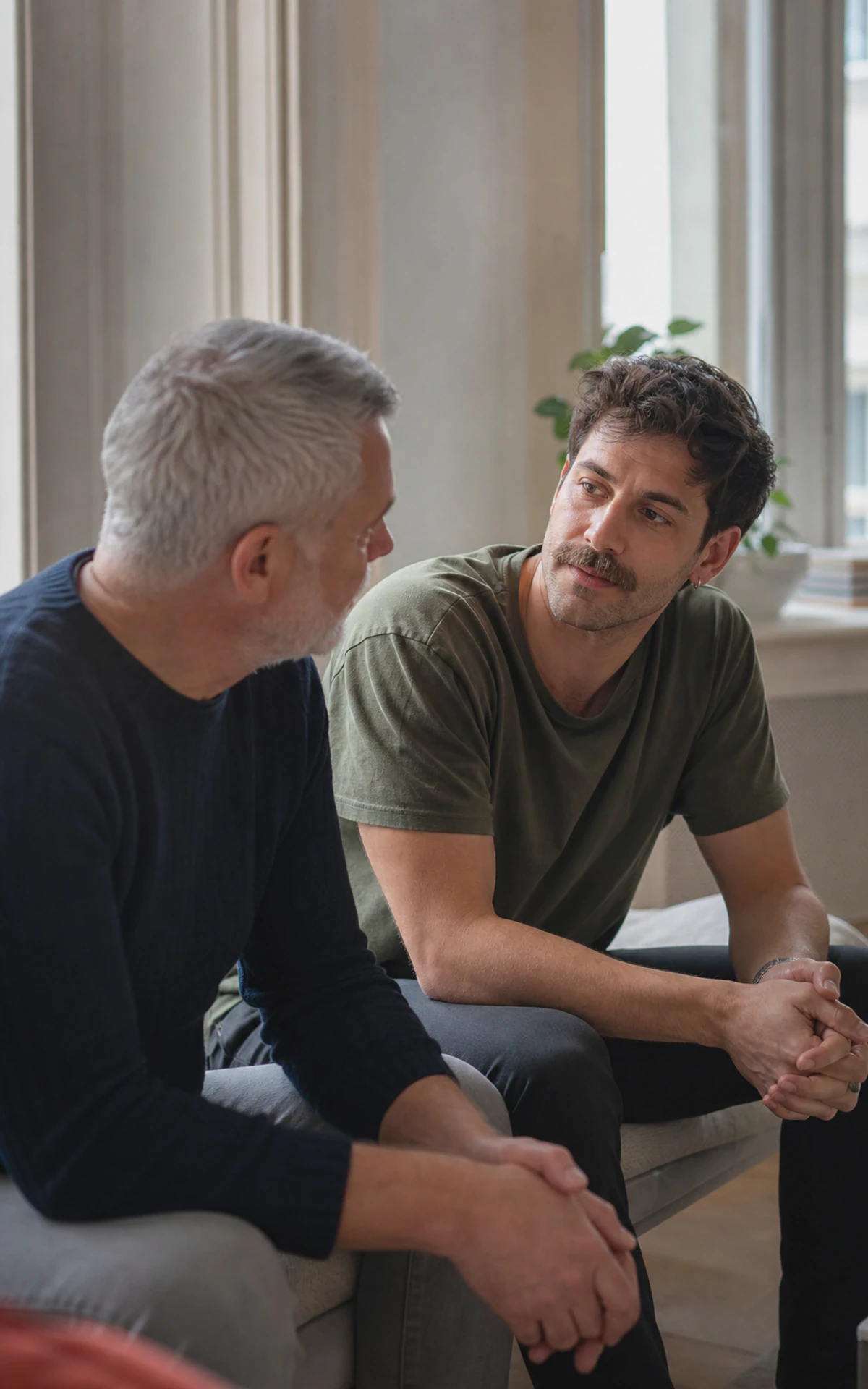 Zwei schwule Männer unterschiedlicher Generationen sprechen in einem ruhigen Innenraum über das Älterwerden.