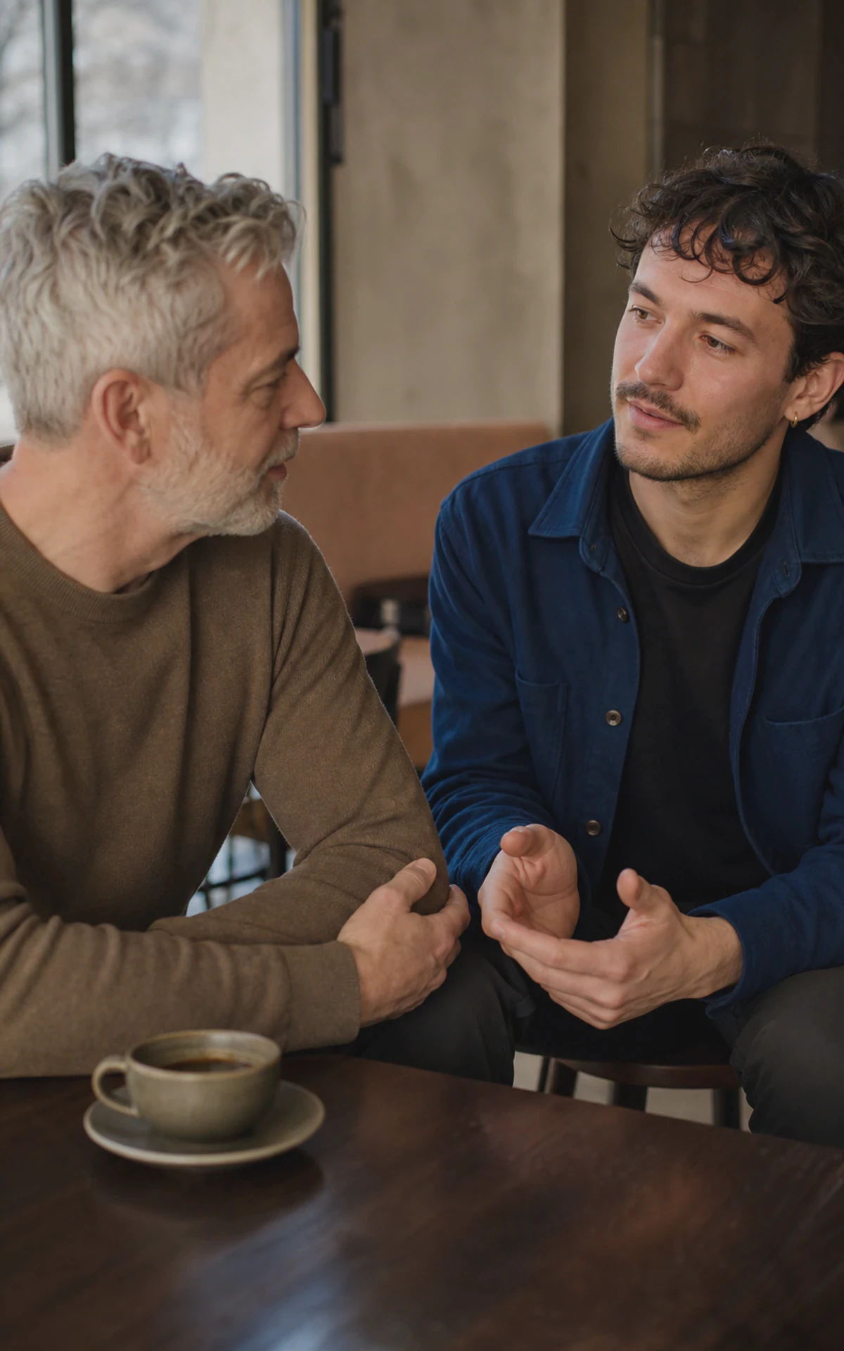 Zwei Männer unterschiedlichen Alters führen in einem Wiener Kaffeehaus ein ruhiges Gespräch.