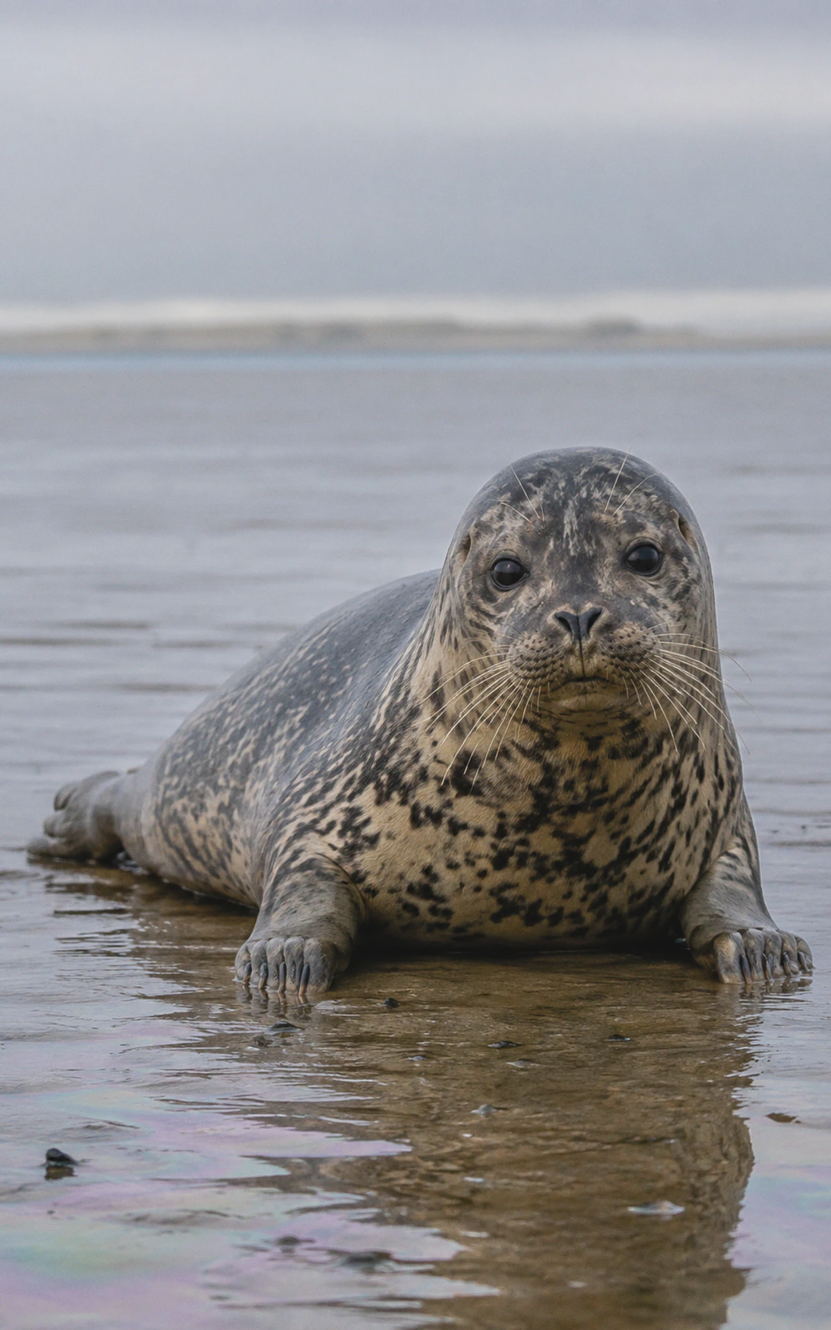 Seehund im Nationalpark Niedersächsisches Wattenmeer auf Norderney vor einer ruhigen Nordseekulisse