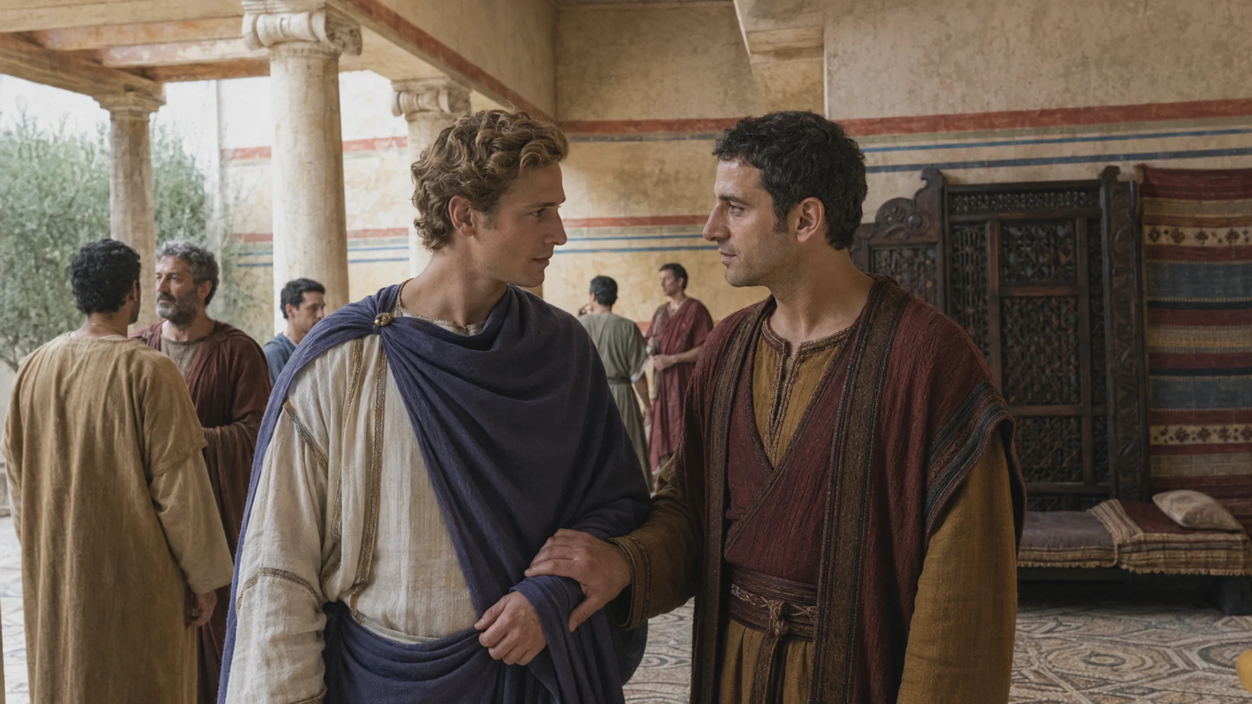 Alexandre le Grand avec un compagnon masculin proche dans une scène de cour historique.