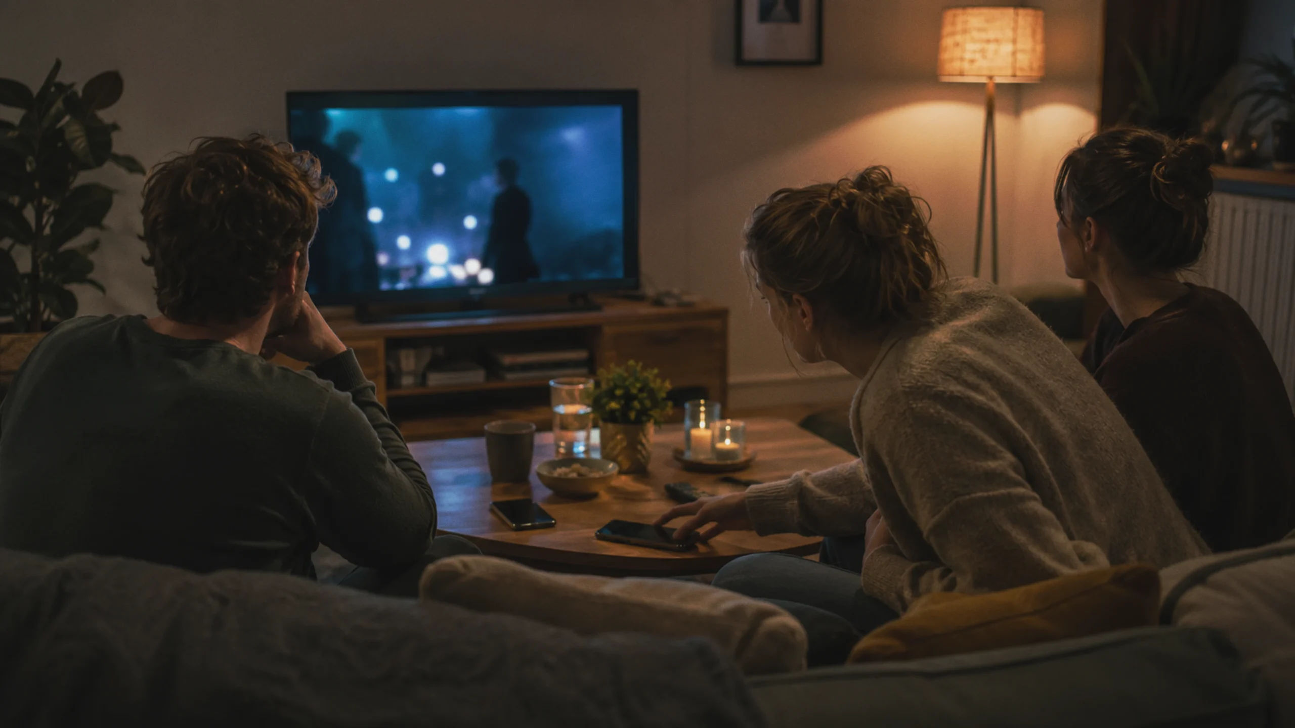 Trois adultes regardent un téléfilm policier le dimanche, puis prennent leur téléphone pour trouver du contexte et des informations.