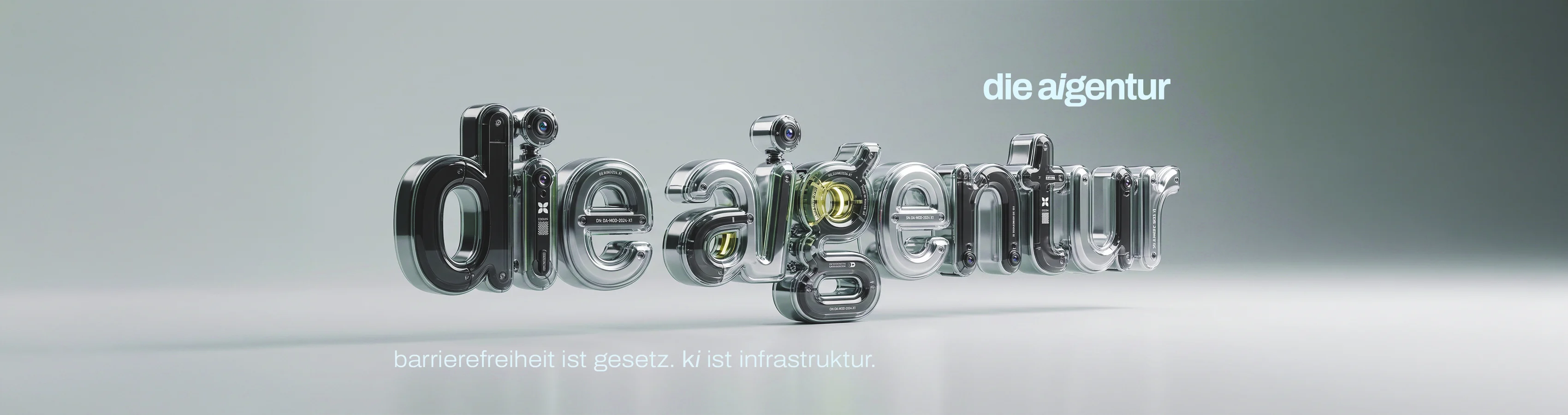 Werbebanner von die aigentur mit Chrom Schriftzug und dem Slogan barrierefreiheit ist gesetz. ki ist infrastruktur.