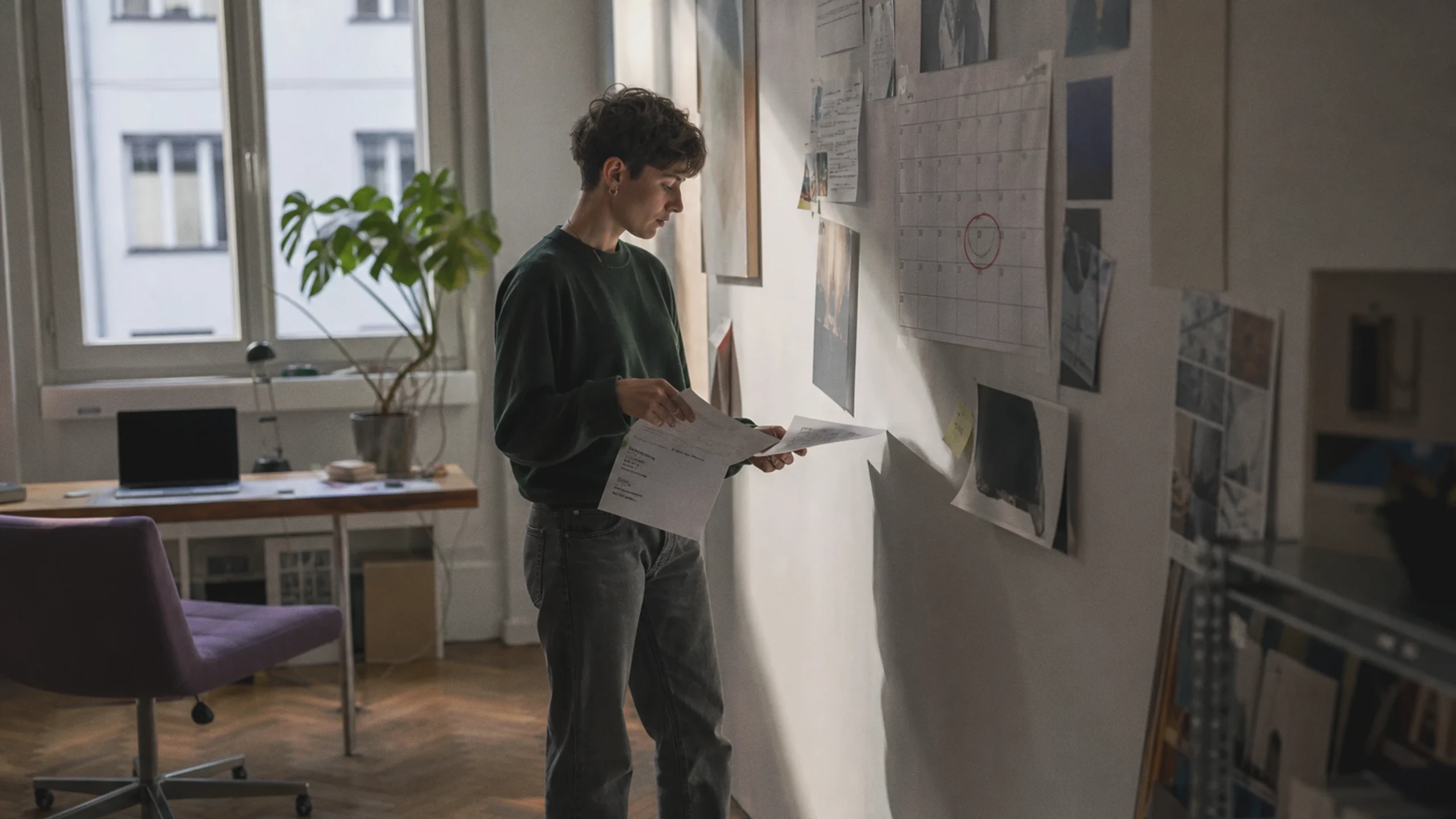 Jeune travailleur comparant un contrat, une facture et le temps passé