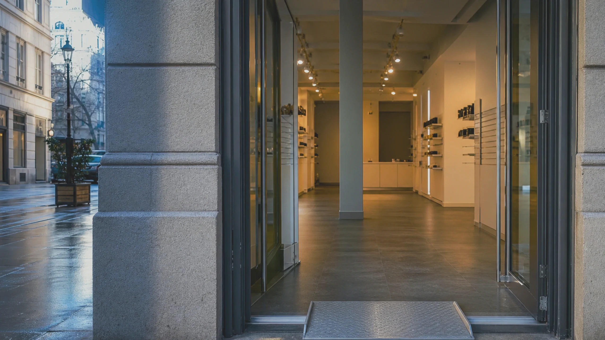 Une entrée de magasin accessible et déserte, tôt le matin.