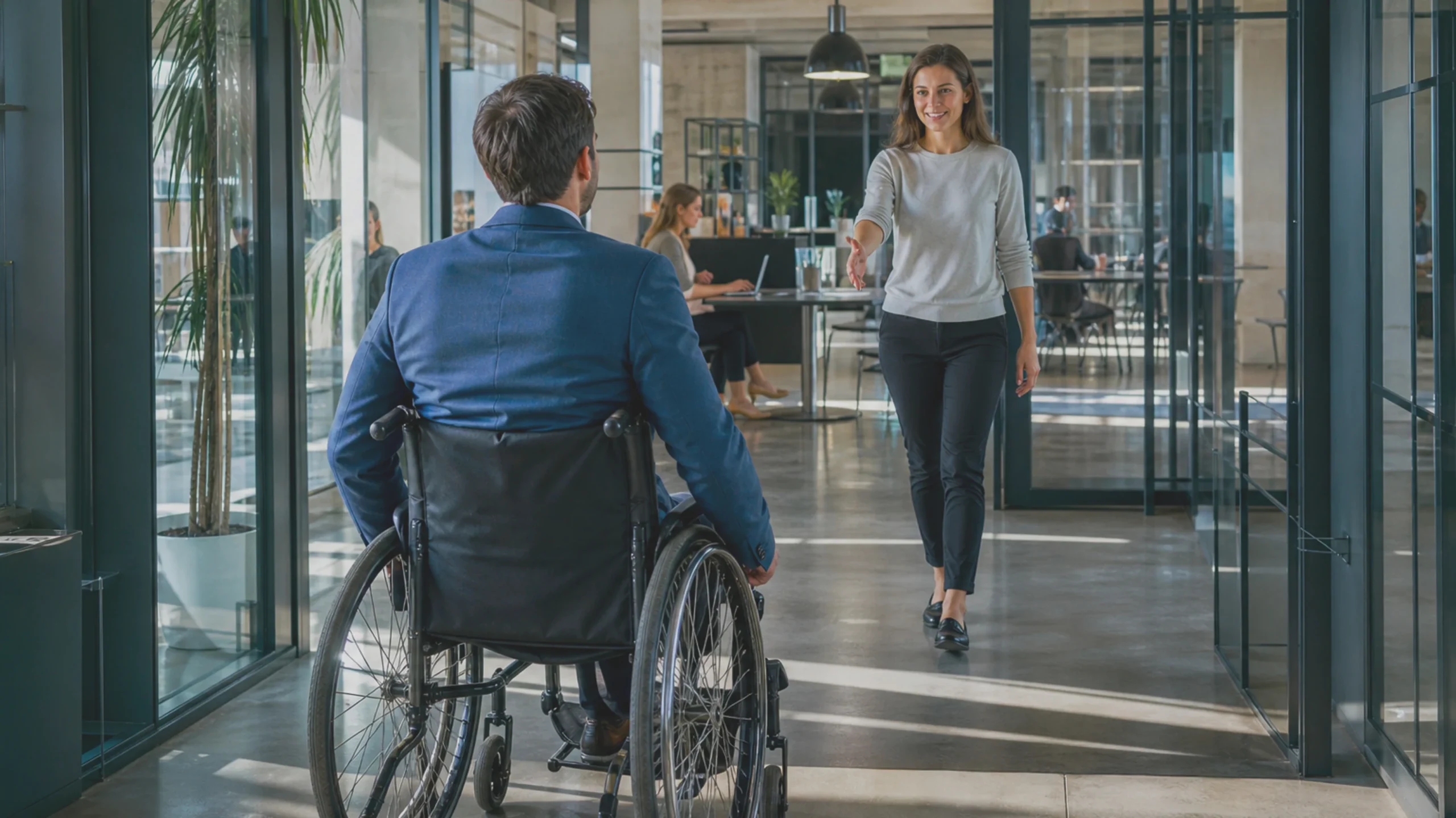 Un candidat handicapé est accueilli avec professionnalisme dans le hall d'entrée ouvert d'un lieu de travail accessible.