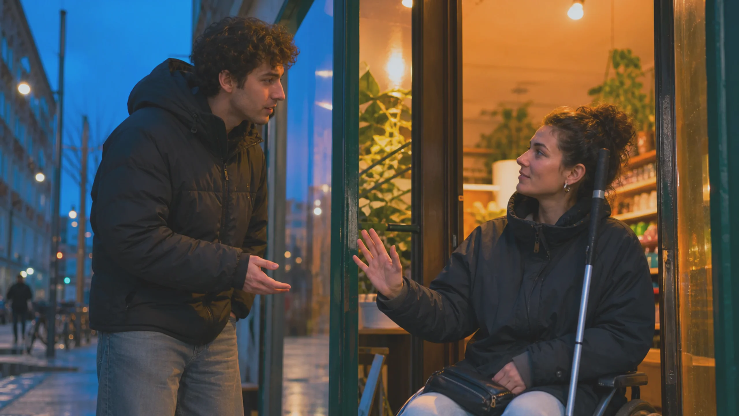 Deux adultes discutent à l'entrée d'un magasin avant qu'un soutien ne soit proposé.