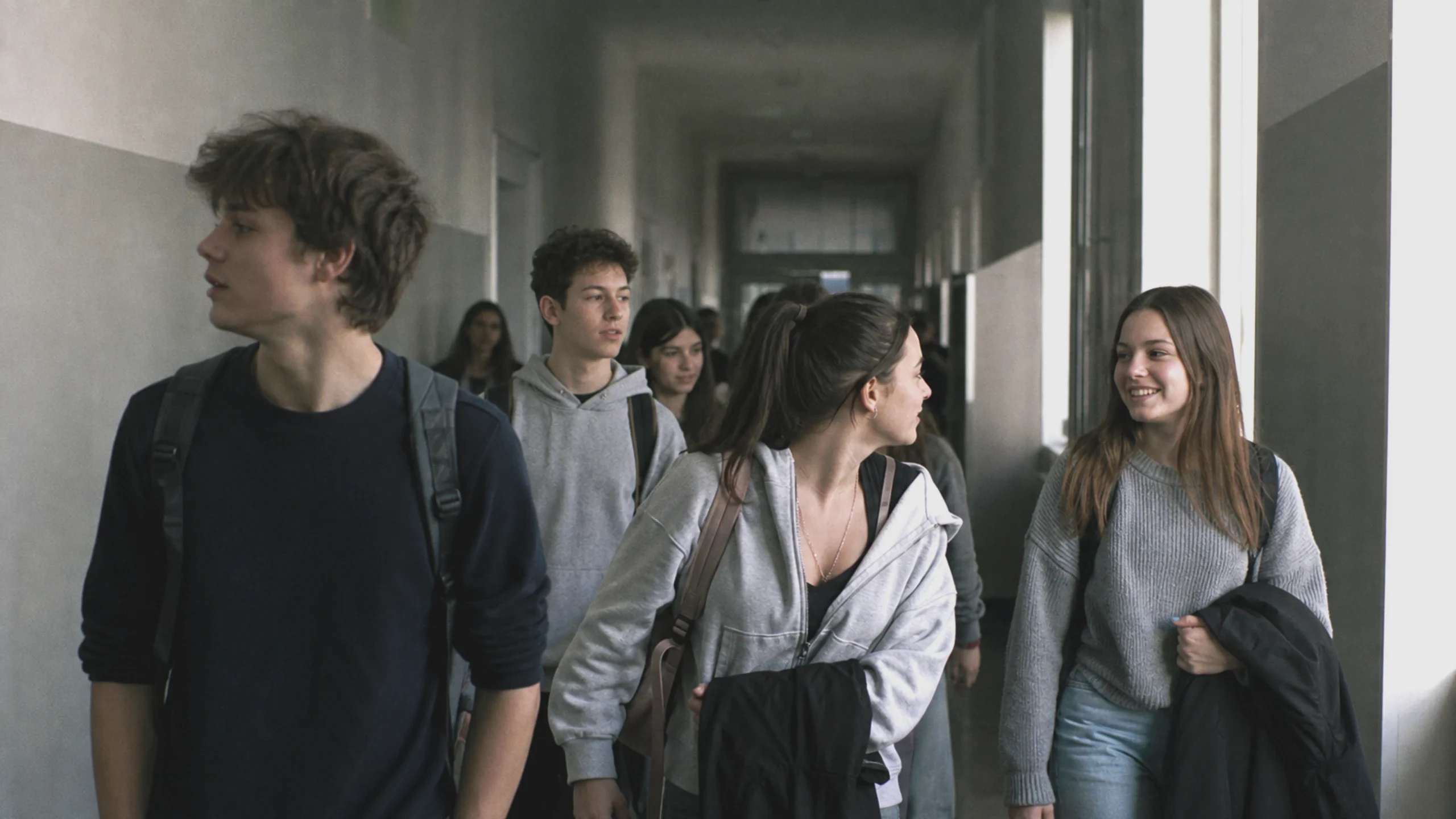 Élèves d'environ 14 ans dans un couloir d'école, motif illustrant la recherche longitudinale