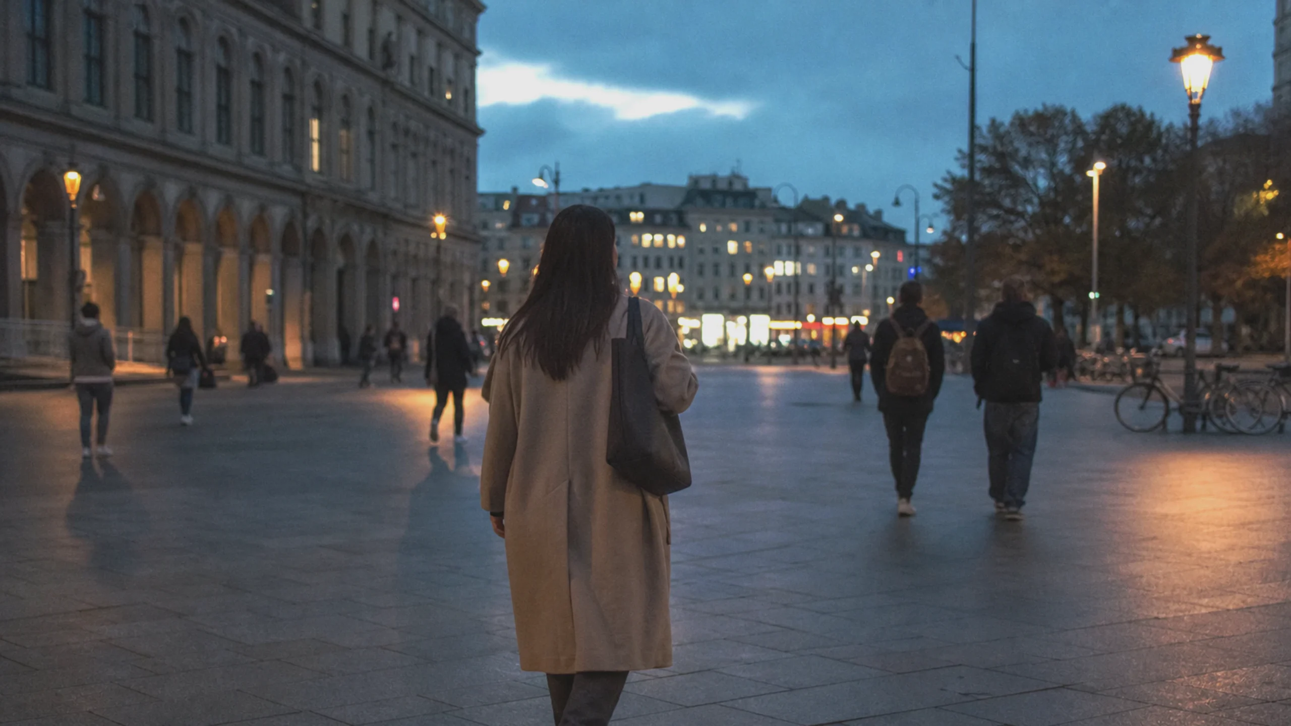 Jeune adulte sur une place publique en soirée, une image paisible de participation sociale