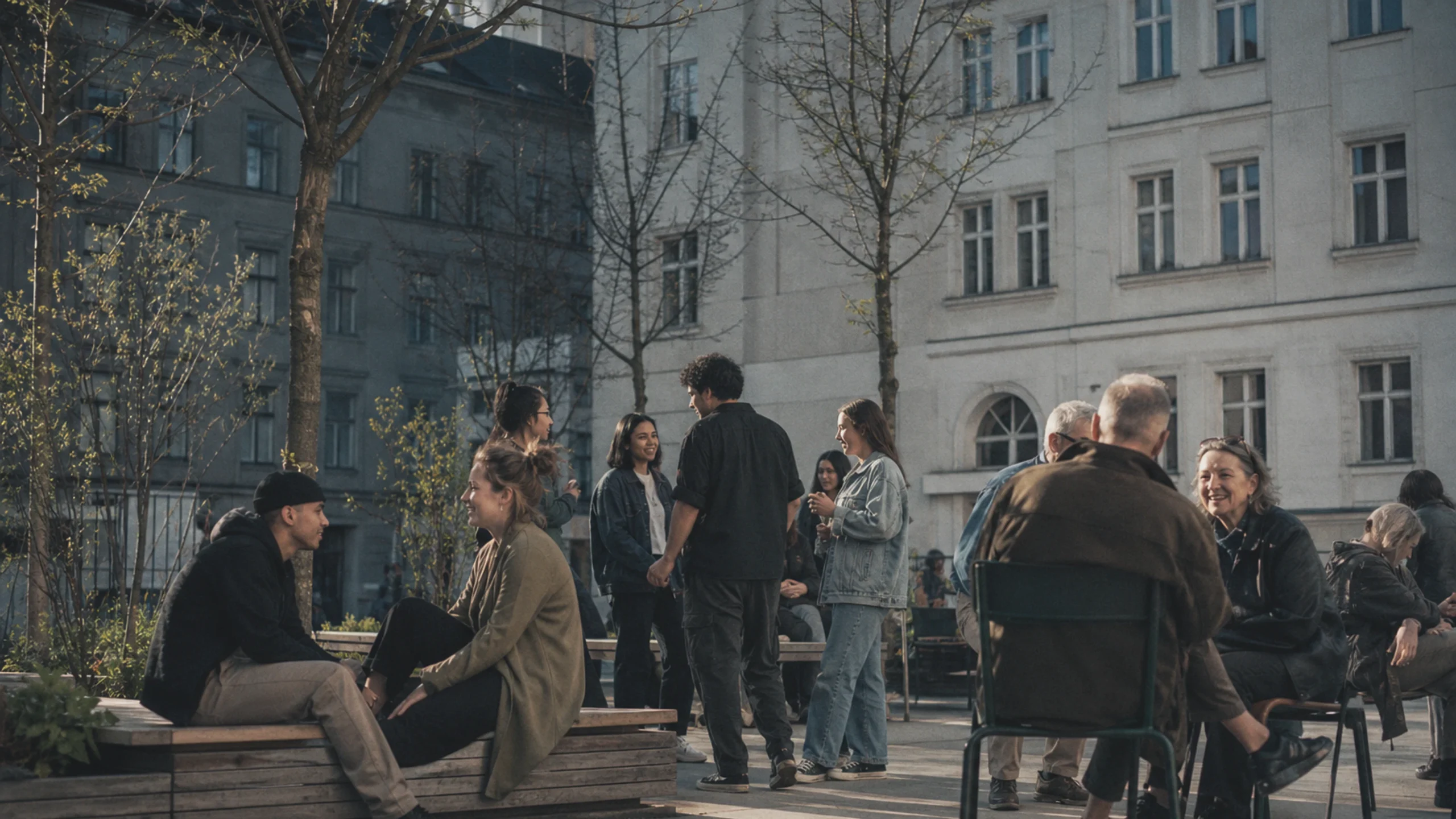 Junge und ältere Erwachsene in einem öffentlichen Hof als Bild für Integration über Generationen hinweg