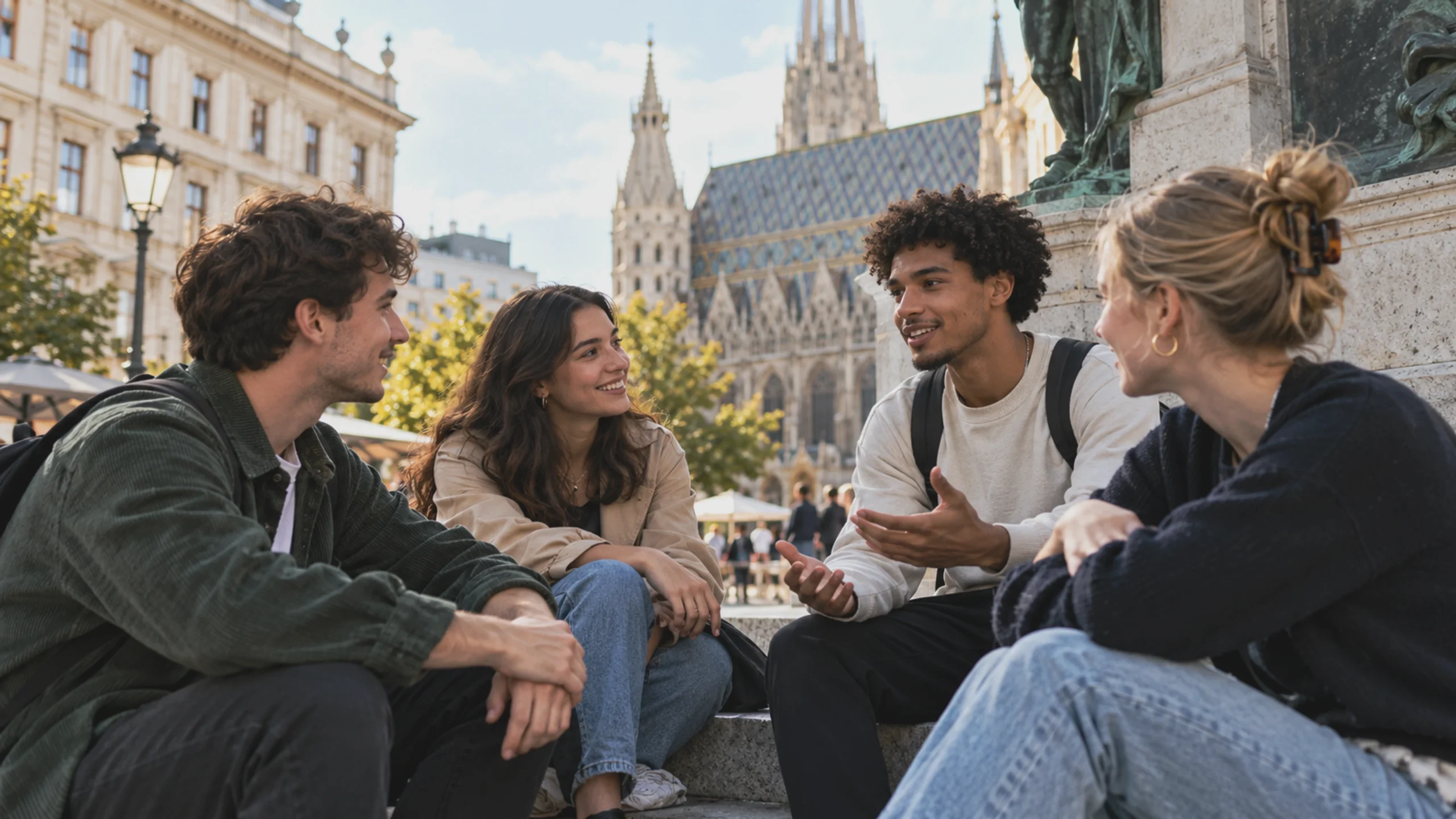Junge Menschen treffen einander nach der Universität in einem öffentlichen Innenhof in Wien.