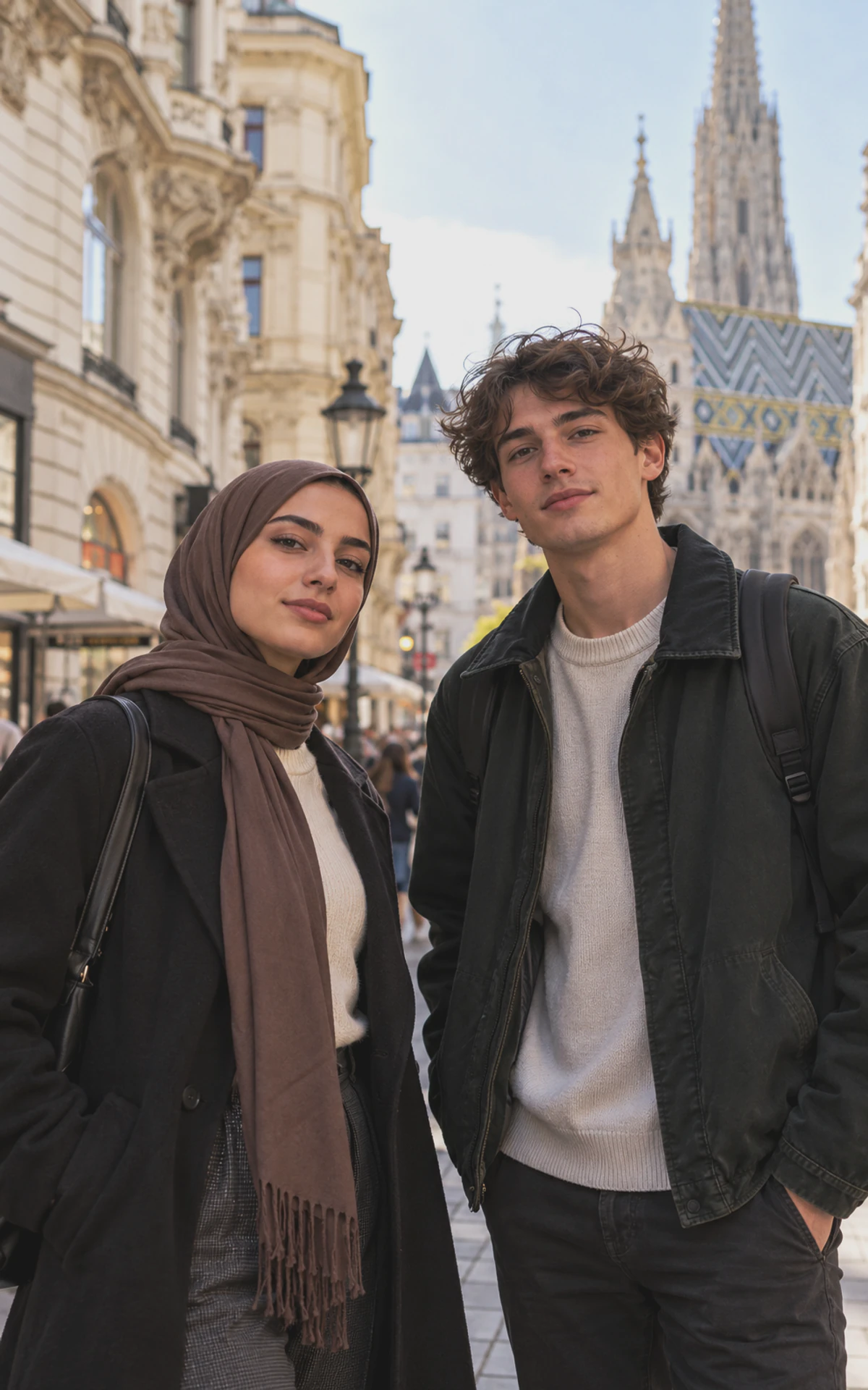 Junge Menschen treffen einander nach der Universität in einem öffentlichen Innenhof in Wien.
