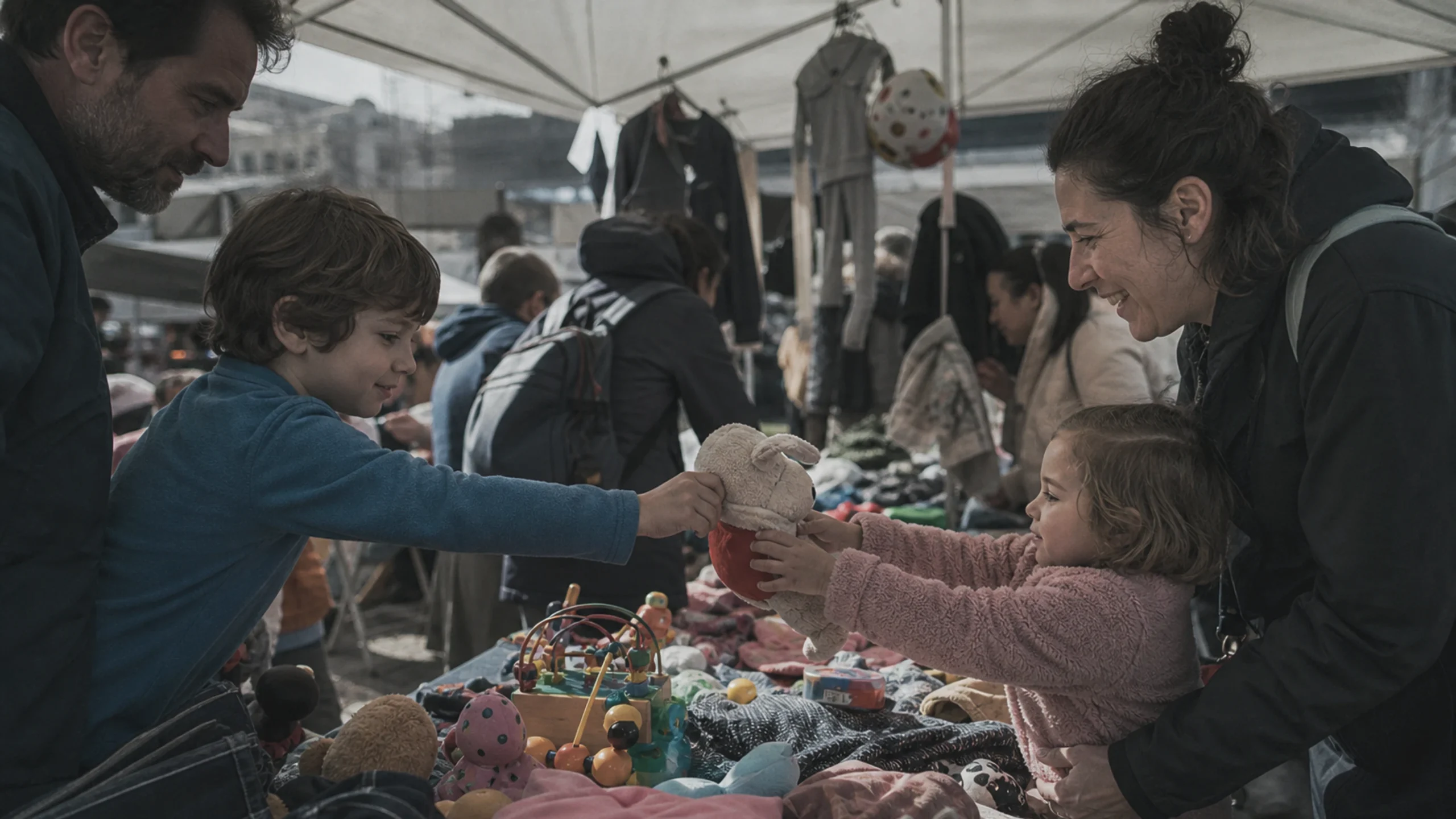 Une famille propose des jouets en bon état au marché aux puces pour enfants du Mistfest