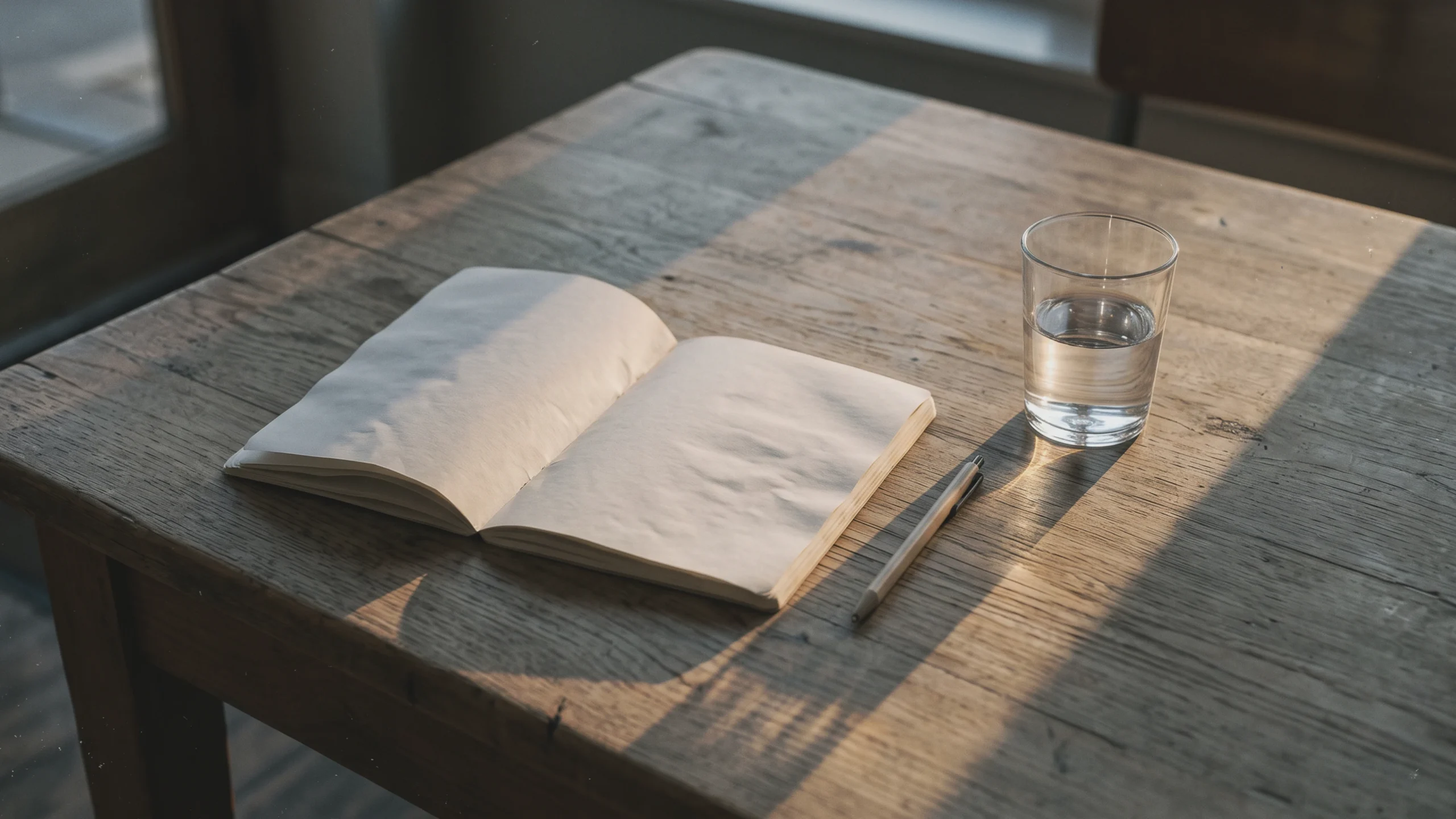 Cahier ouvert, stylo et lumière chaude du soir, avec beaucoup d'espace libre