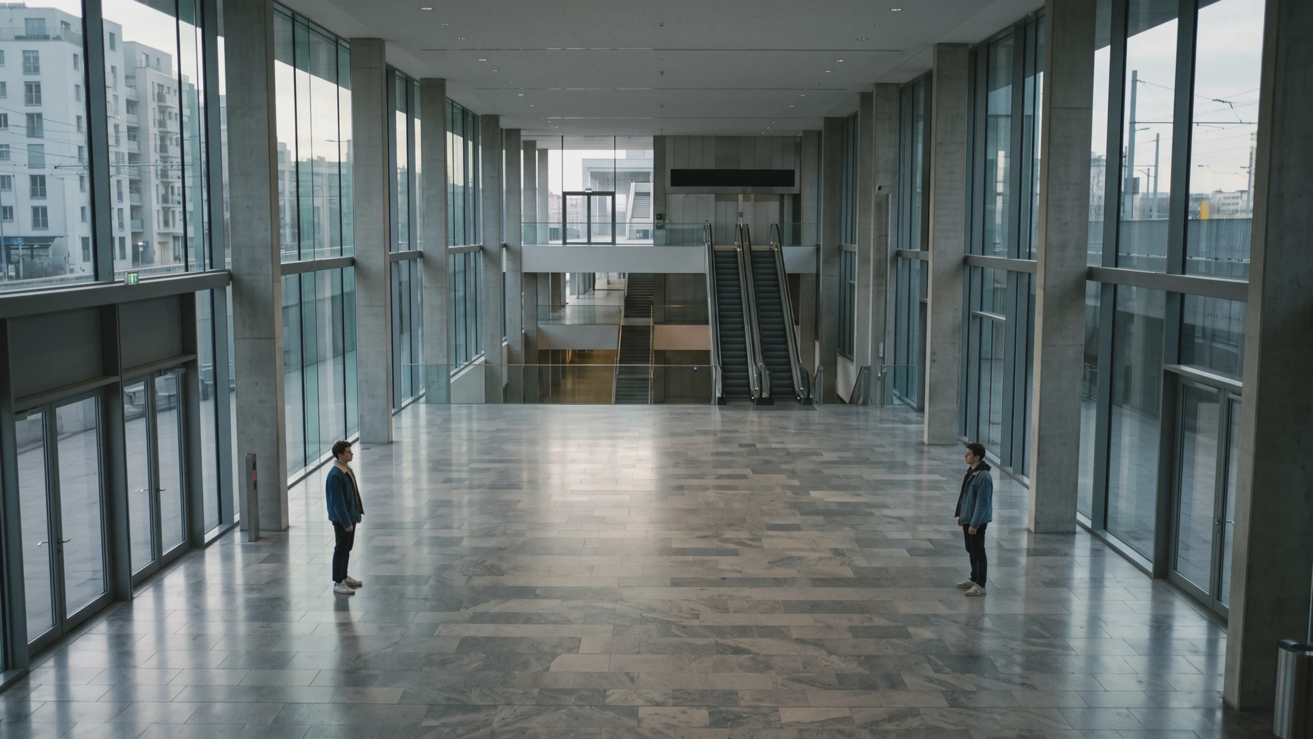 Deux personnes se préparent à une conversation importante dans un grand espace intérieur public.
