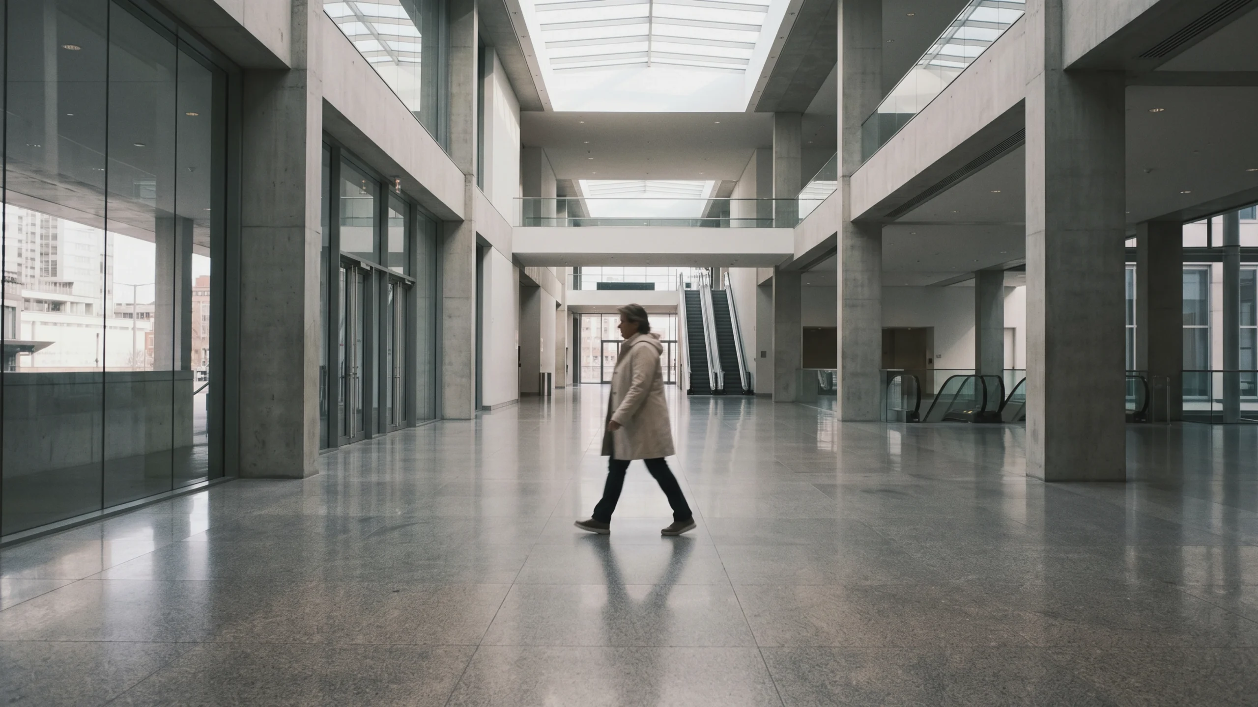 Une personne fait les cent pas dans un couloir bien éclairé, tandis que l'overthinking ne résout pas l'incertitude.