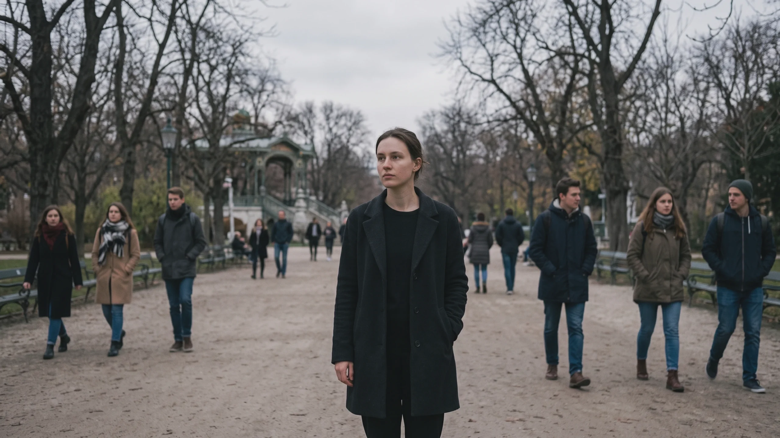 Eine junge erwachsene Person hält inne und denkt über eine ungelöste Frage nach.