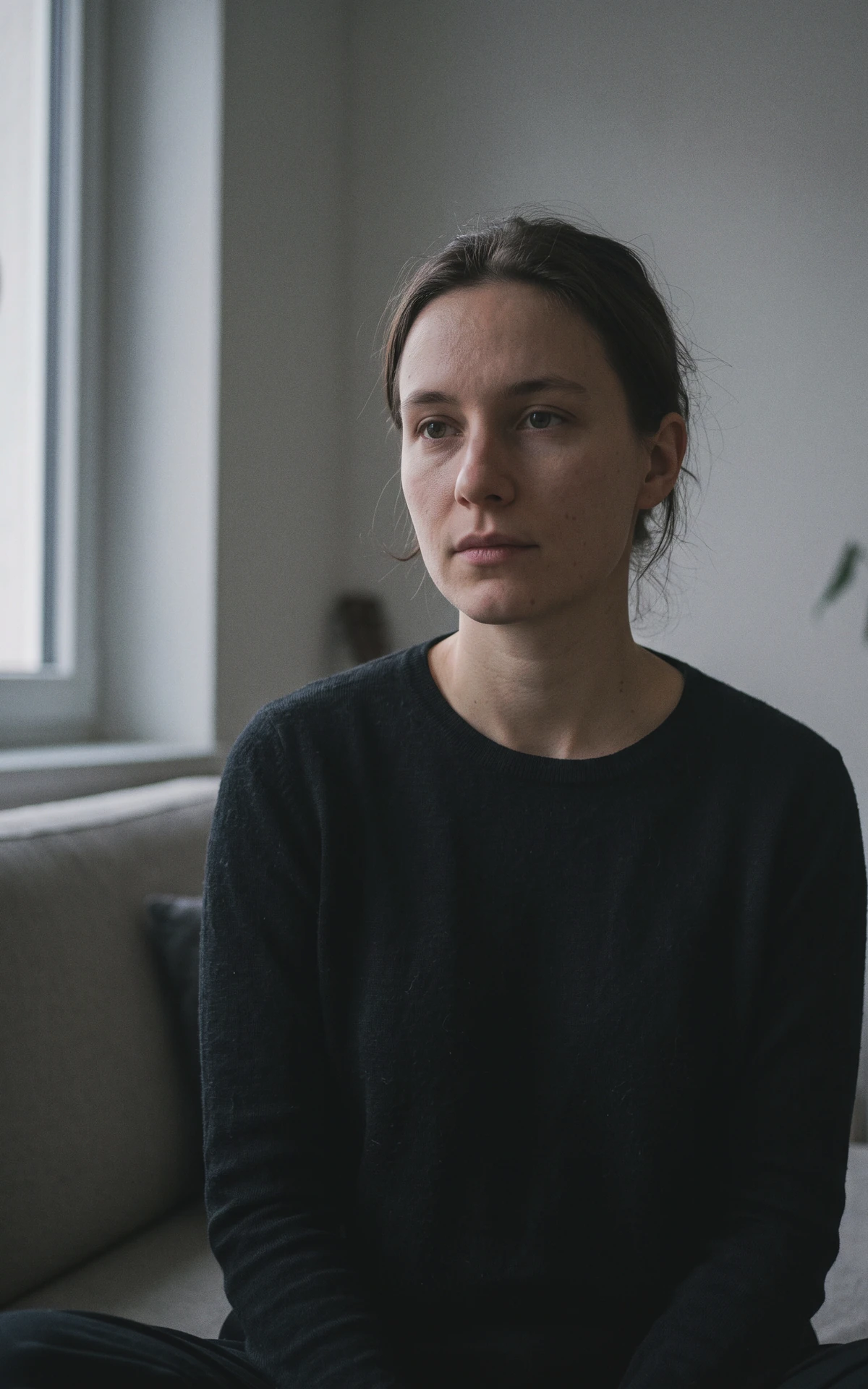 Eine junge erwachsene Person hält inne und denkt über eine ungelöste Frage nach.